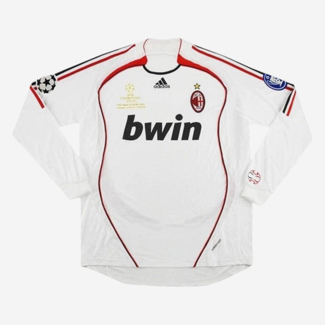 The AC Milan 2006-07 Away Shirt Longsleeve by Retro1999 features classic white fabric with red and black accents, bwin sponsor, Adidas logo, club crest on the chest, plus Champions League and competition sleeve patches.