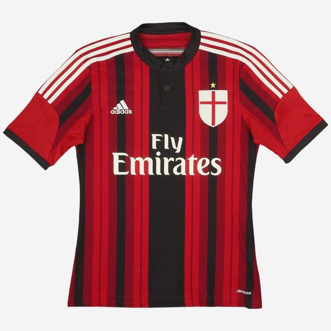 This retro AC Milan 2014-15 Home Shirt by Retro1999 features classic red and black stripes with white shoulder accents, Fly Emirates sponsor text, and a white shield badge—an iconic piece for any Serie A fan.