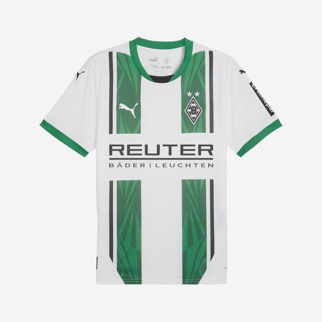 The Retro1999 Borussia Mönchengladbach 2024-25 Home Shirt features white fabric, green geometric stripes, retro style, green accents, and REUTER Bäder Leuchten sponsor—ideal for dedicated Bundesliga fans.