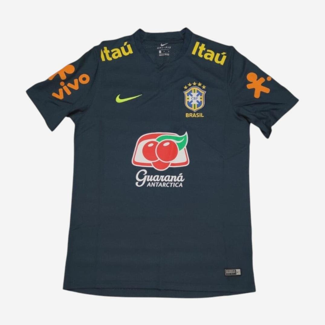 The Brazil 2019 Training Shirt by Retro1999 takes inspiration from the Brazilian national team, featuring yellow Itau and orange Vivo sleeve logos, a yellow Nike logo, Brazil crest, and Guaraná Antarctica sponsor for a retro look.