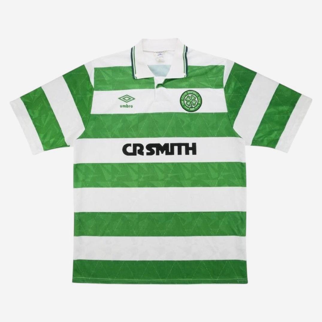 The Retro1999 Celtic 1989-91 Home Shirt features green and white horizontal stripes, a collar, Umbro and Celtic FC logos, and CR SMITH sponsor text—a classic retro soccer jersey.