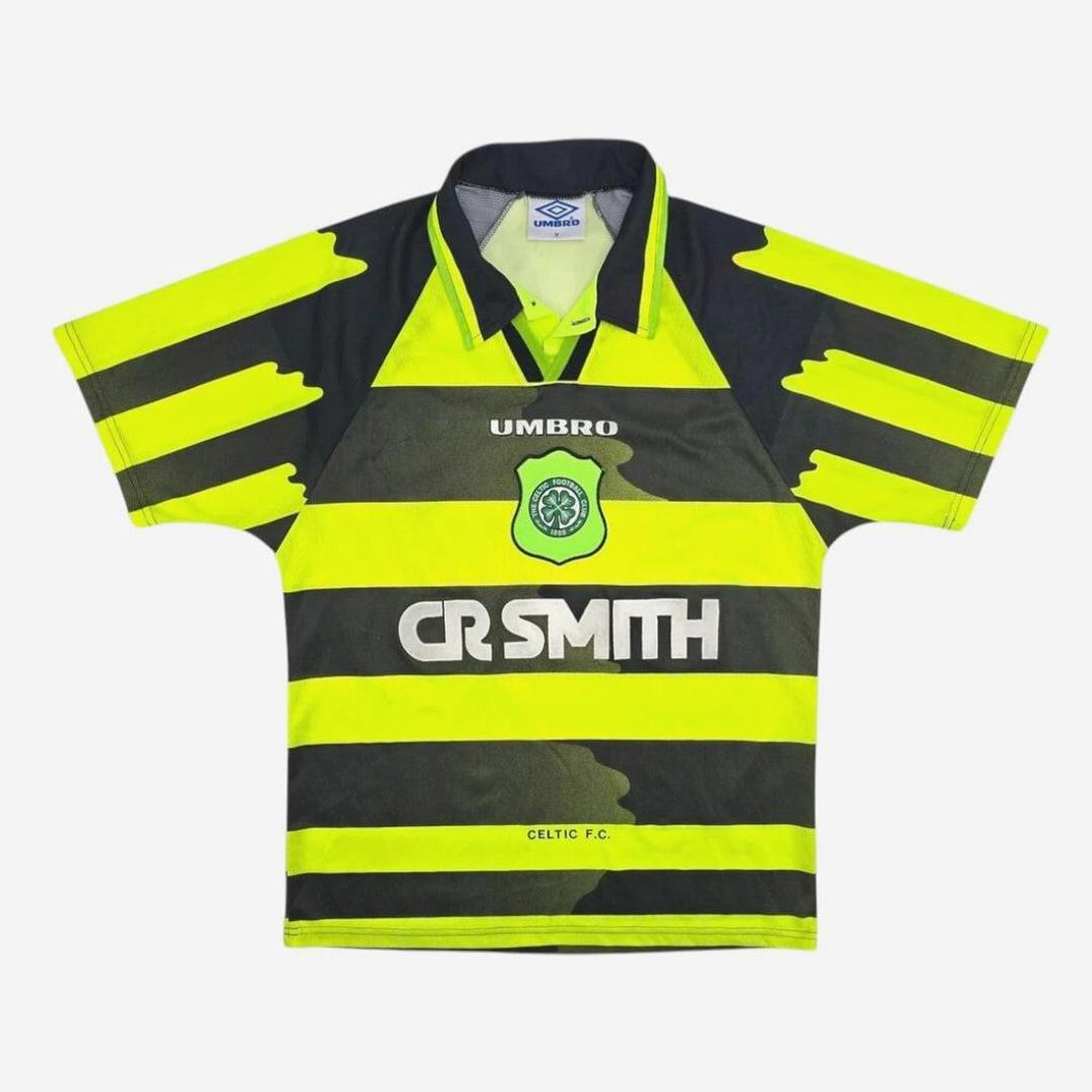 The Retro1999 Celtic 1996-97 Away Shirt features black and neon yellow stripes, a collar, UMBRO and CR SMITH logos, plus the Celtic F.C. crest—a bold retro kit perfect for any Celtic fan.