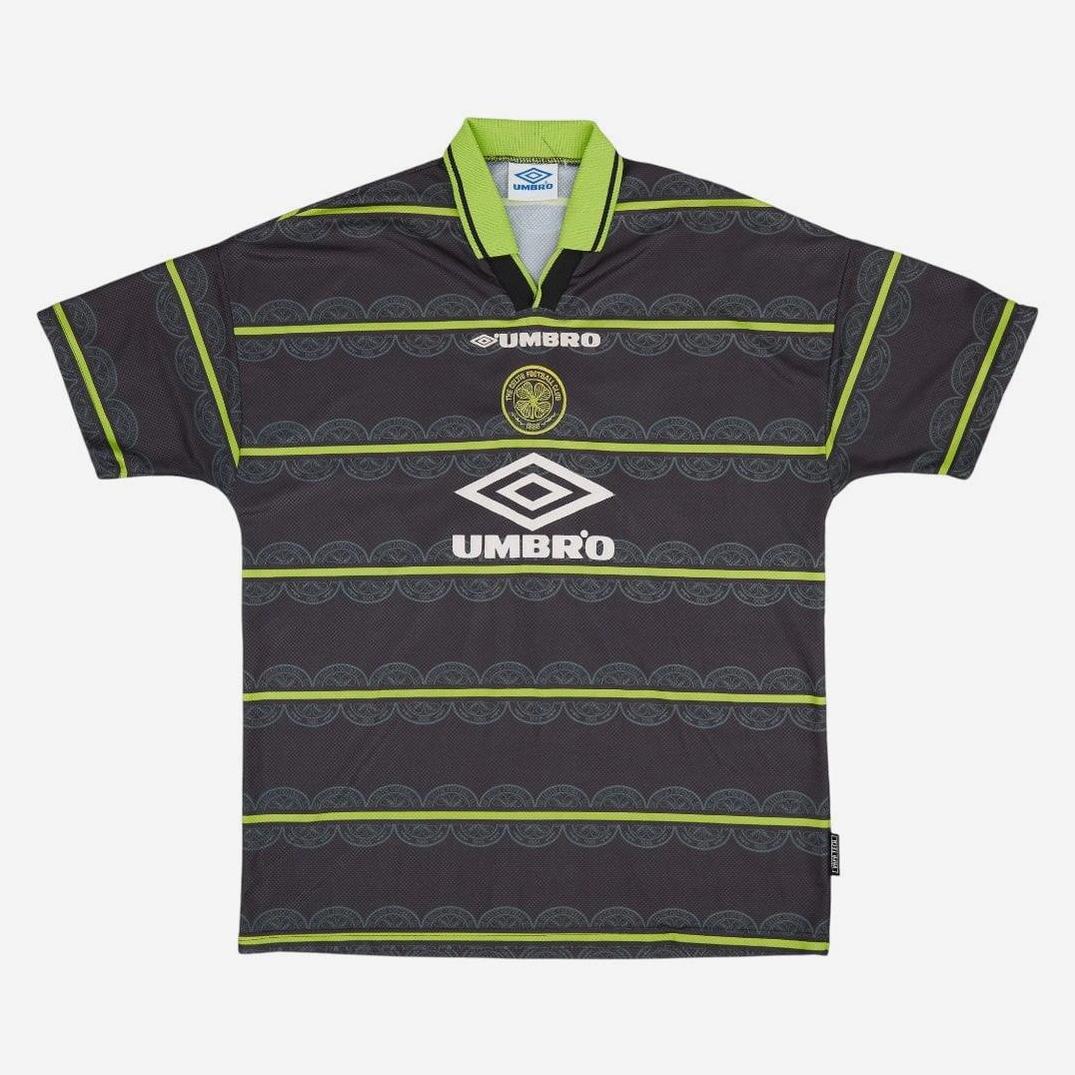 The Retro1999 Celtic 1998-99 Away Shirt features short sleeves, black and grey stripes, green trim, Celtic badge, white Umbro logos, and a green collar with black stripe—a classic retro kit for any Celtic Football Club fan.