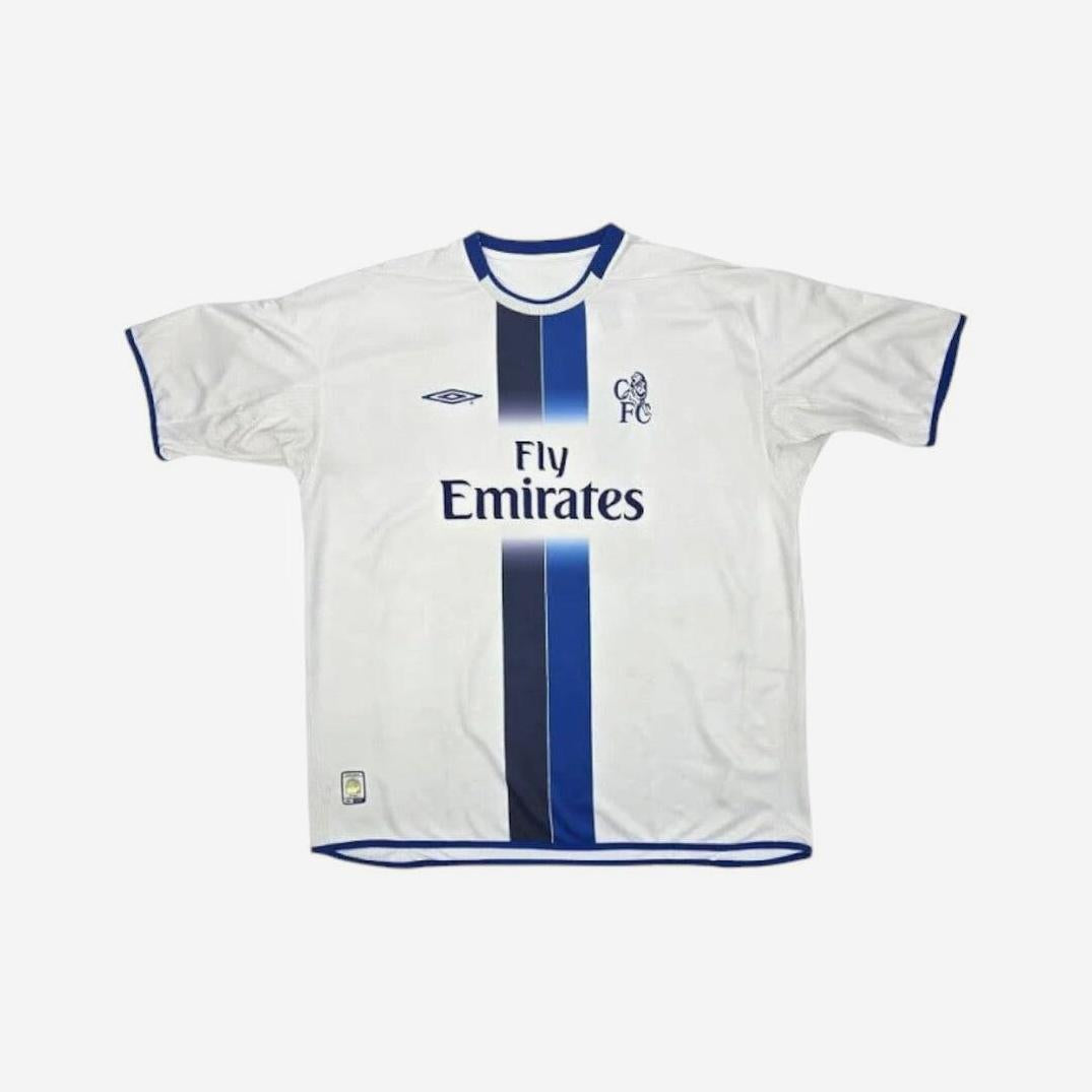The Chelsea 2003-05 Away Shirt by Retro1999 features a white design with blue collar, sleeve trim, central dark blue stripe, Fly Emirates sponsor, and Chelsea FC badge—a true Premier League retro classic.