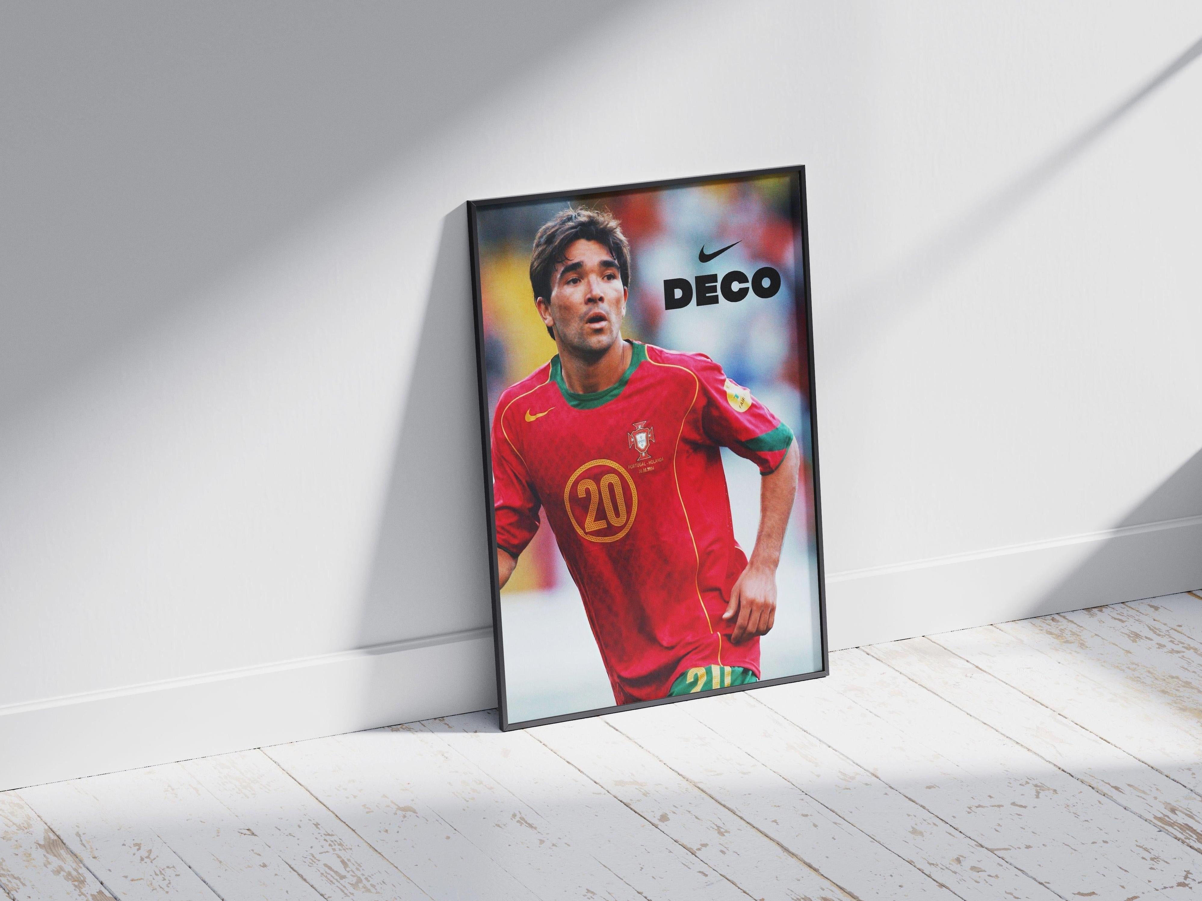 The Deco x Portugal 2004 Poster by Retro1999 shows soccer star Deco (#20) in a red Nike jersey, captured during UEFA Euro 2004—a perfect framed piece to relive iconic football moments.