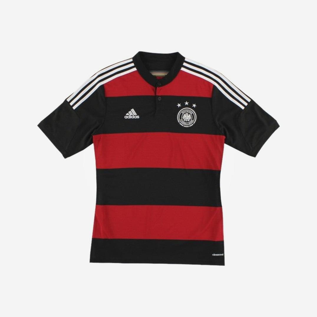 The Retro1999 Germany 2014 Away Shirt features black and red horizontal stripes, three white shoulder stripes, four stars above the crest, and an Adidas-style logo—an iconic retro kit inspired by Germany’s classic away jersey.