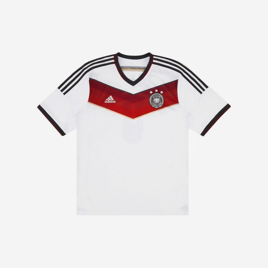 The Germany 2014 Home Shirt by Retro1999 features black shoulder stripes, a red and black chevron pattern, three stars above the crest, and an authentic retro design.