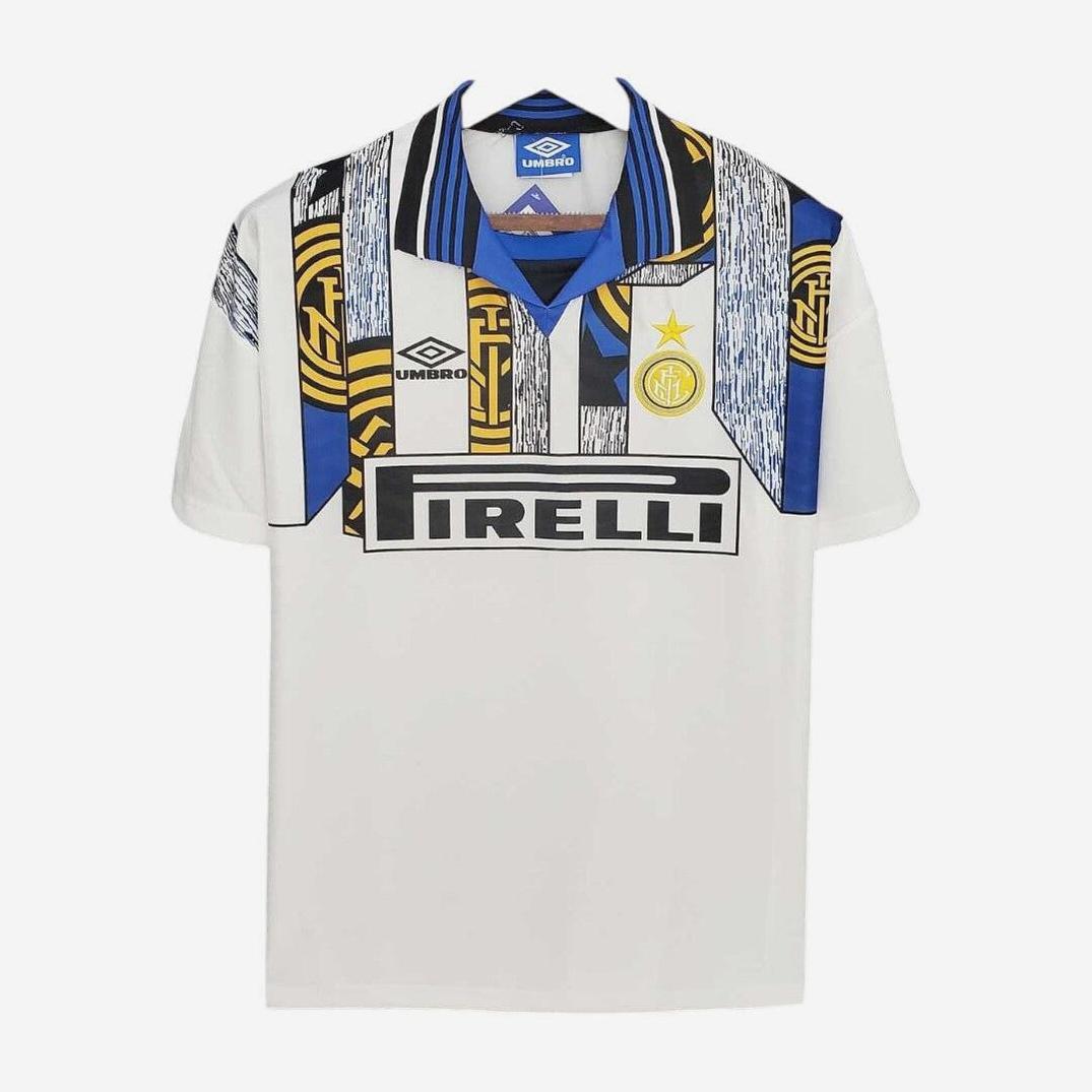 The Retro1999 Inter Milan 1996-97 Away Shirt features a bold blue, black, and yellow shoulder design, quality fabric, the Pirelli sponsor logo, and an authentic retro crest on the front.