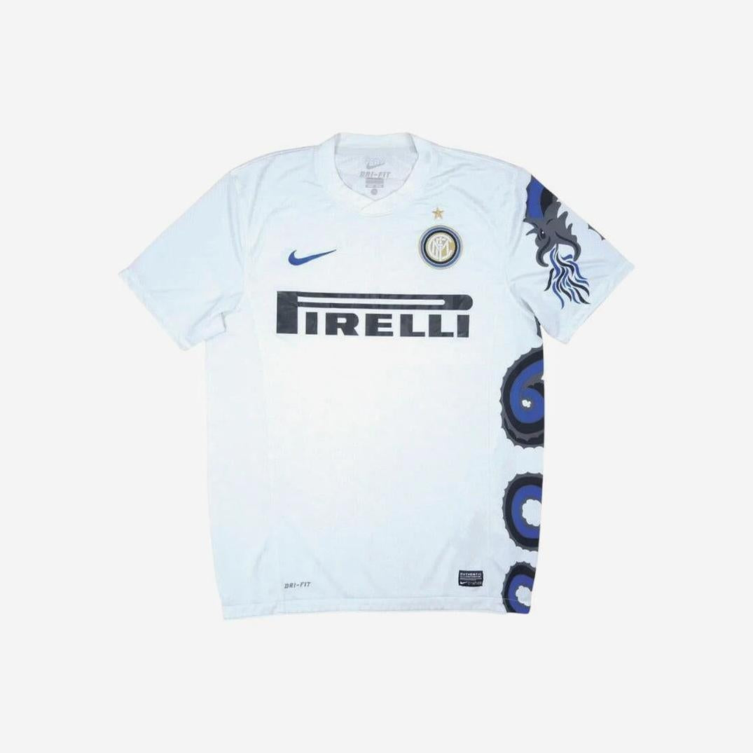 The Retro1999 Inter Milan 2010-11 Away Shirt is white with blue and black accents, iconic club and Nike logos, Pirelli sponsor, and a stylized dragon—ideal for Serie A fans wanting a modern classic.