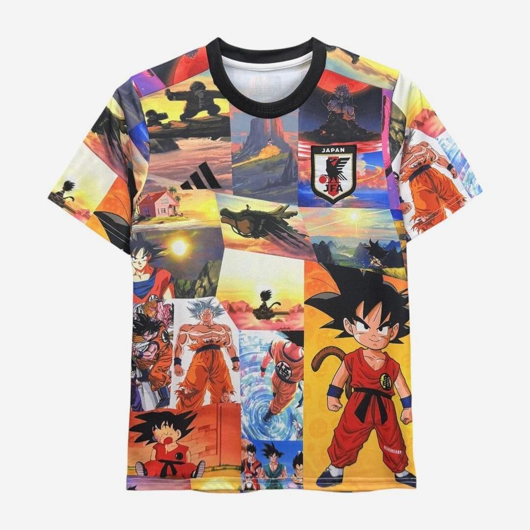 The Retro1999 Japan 2024-25 Dragon Ball Special Edition t-shirt showcases vibrant collage art with multiple Goku poses and dynamic backgrounds, creating a bold and collectible design for fans.