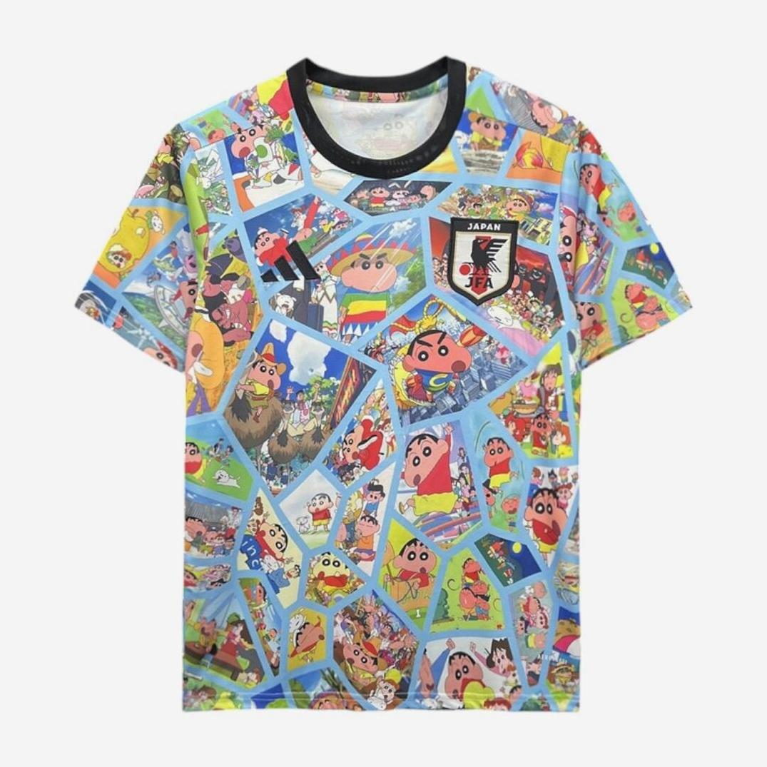 The Retro1999 Japan 2024 Crayon Xiaoxin Special Edition T-shirt showcases a vibrant collage of scenes and characters, celebrating Japanese culture, with a Japan football team badge on the chest.