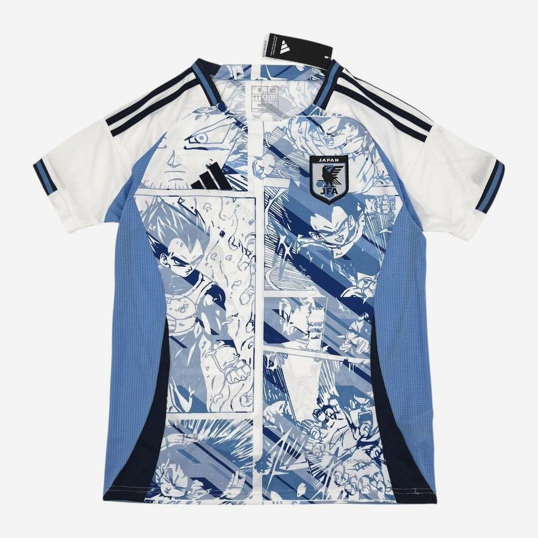 The Retro1999 Japan 2024 Dragon Ball Goku Edition sports jersey features white sleeves, light blue sides, black shoulder stripes, a manga-style Goku print, Adidas tag, and Japan football crest—ideal for anime collectors.