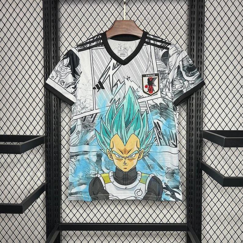The Retro1999 Japan 2024 Dragon Ball Special Edition Shirt is a short-sleeve tee with a vibrant Vegeta (blue hair) graphic and manga-style background, displayed on a wooden hanger in a black metal cage.