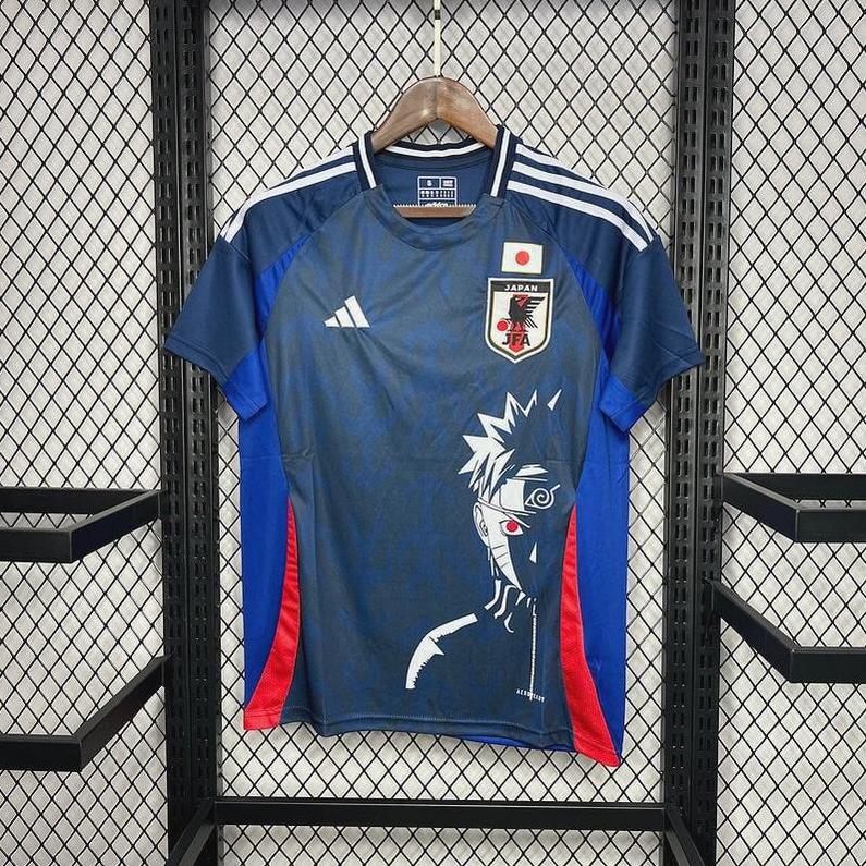 The Retro1999 Japan 2024 Special Edition Shirt features blue fabric, white shoulder stripes, red side panels, and a Naruto Uzumaki graphic on the front, hanging on a wooden hanger against a wire mesh background.