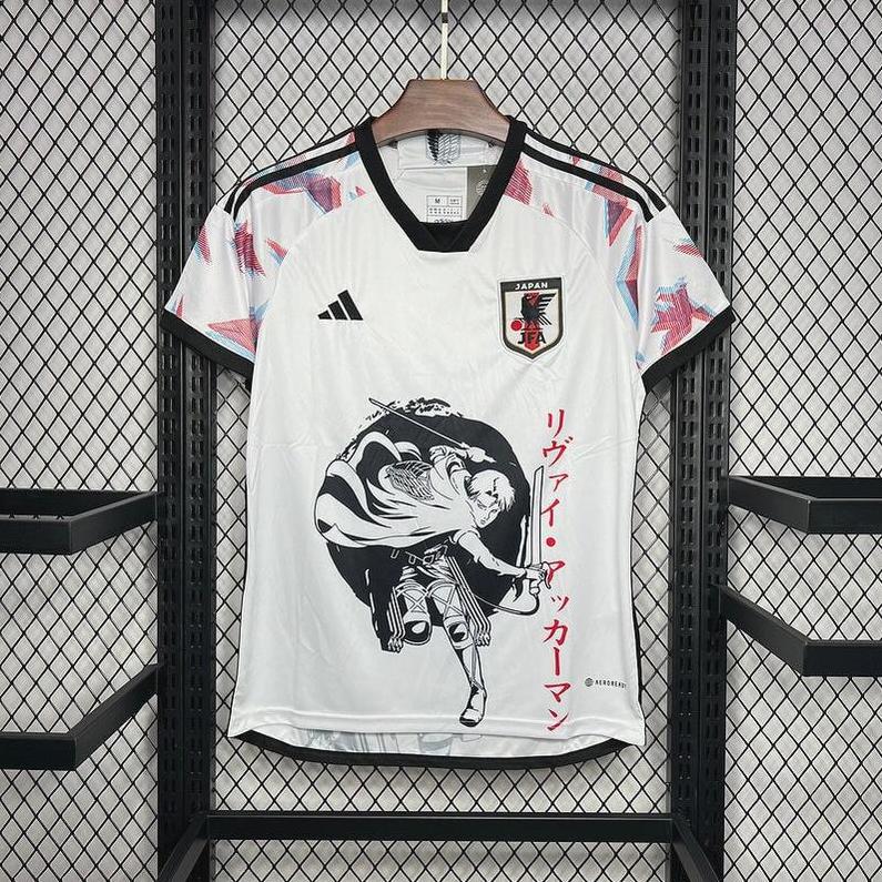 The Retro1999 Japan 2024 Special Edition Shirt is white with black trim, featuring an anime-style sword-wielding character and Japanese text on the front—an eye-catching retro kit for national team fans.