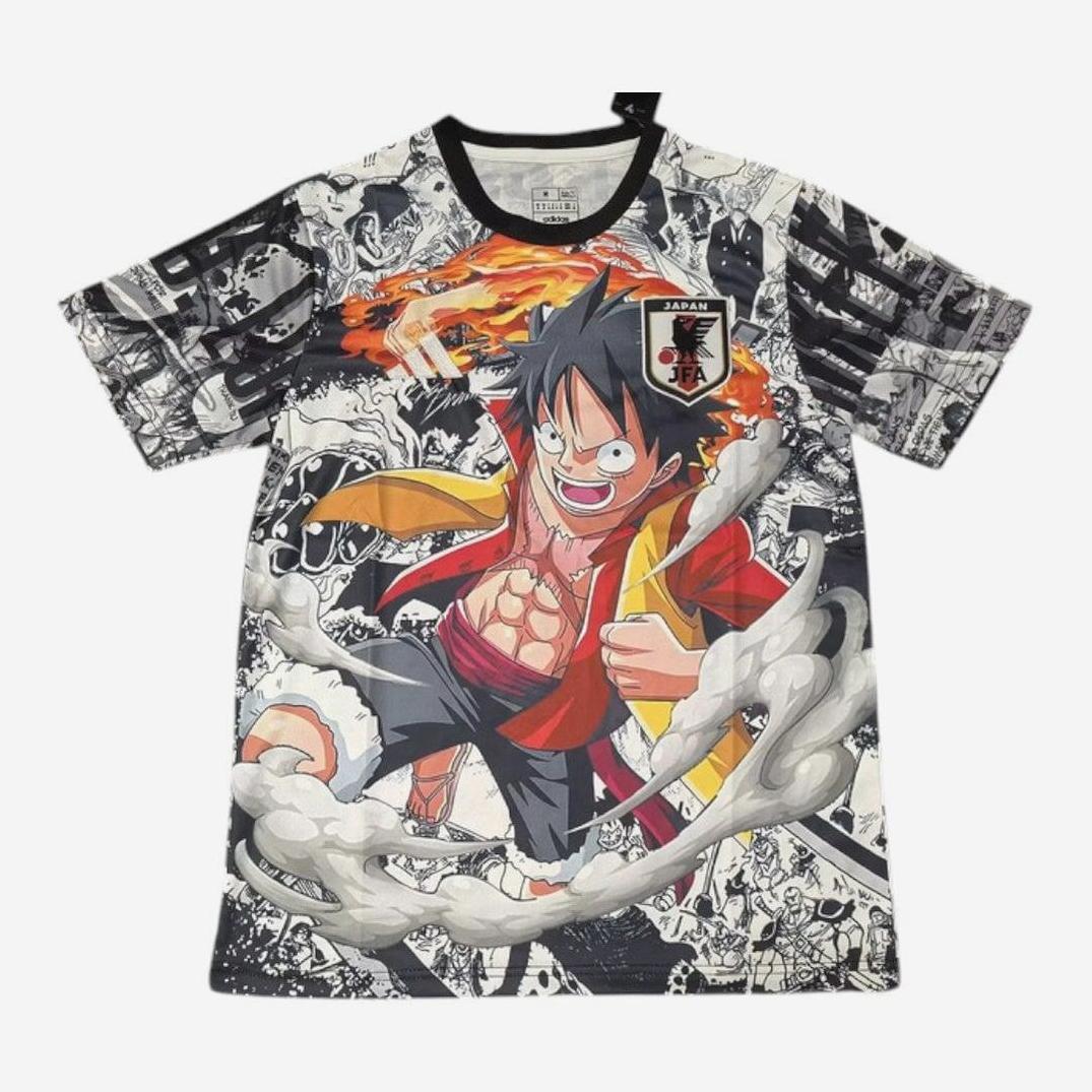 The Retro1999 Japan 2025-26 Special Edition Shirt showcases a vibrant animated character with black hair, an open red coat, and flames on a black-and-white comic-style background for an energetic look.