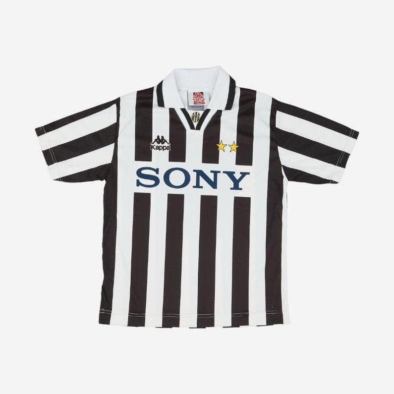 The Retro1999 Juventus 1995-97 Home Shirt features classic black and white stripes, SONY sponsor, two yellow stars above the crest, Kappa logo on the chest, short sleeves, and a classic collar.