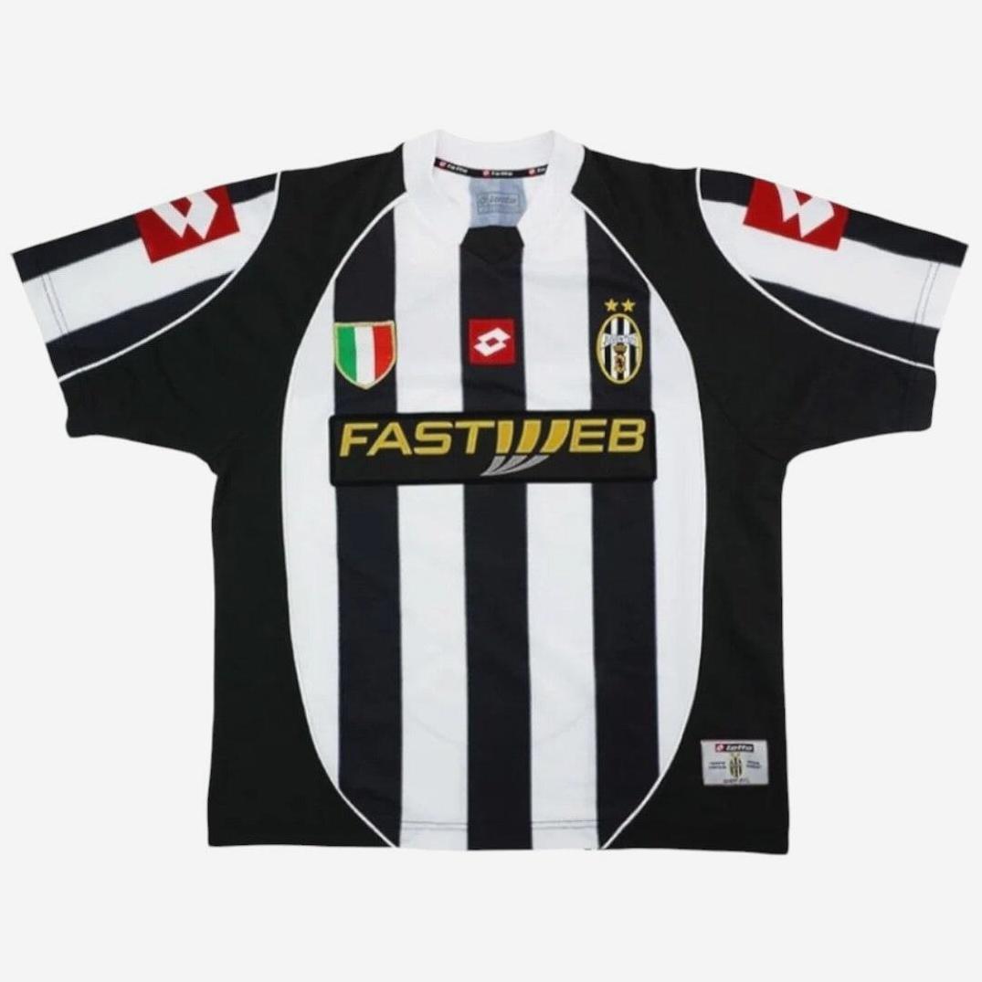 Retro1999 Juventus 2002-03 Home Shirt features classic black and white stripes, FASTWEB sponsor, Lotto logo, team badge, and Scudetto patch in a retro limited edition design.