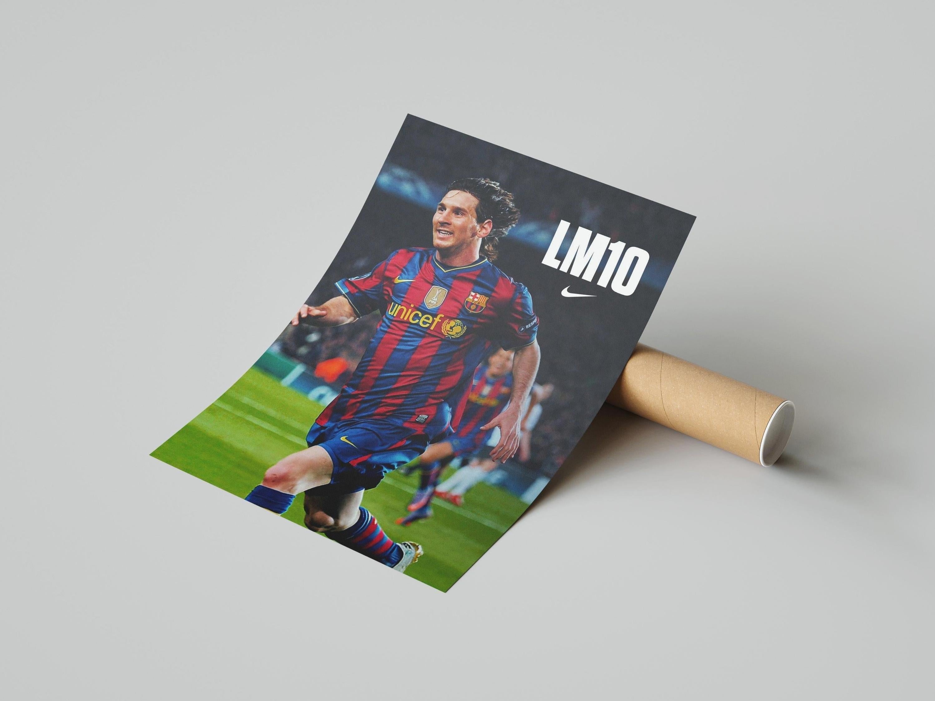 The Retro1999 Lionel Messi LM10 Poster features the Barcelona star in a red and blue jersey running on the field, with LM10 and the Nike logo in the top right corner.