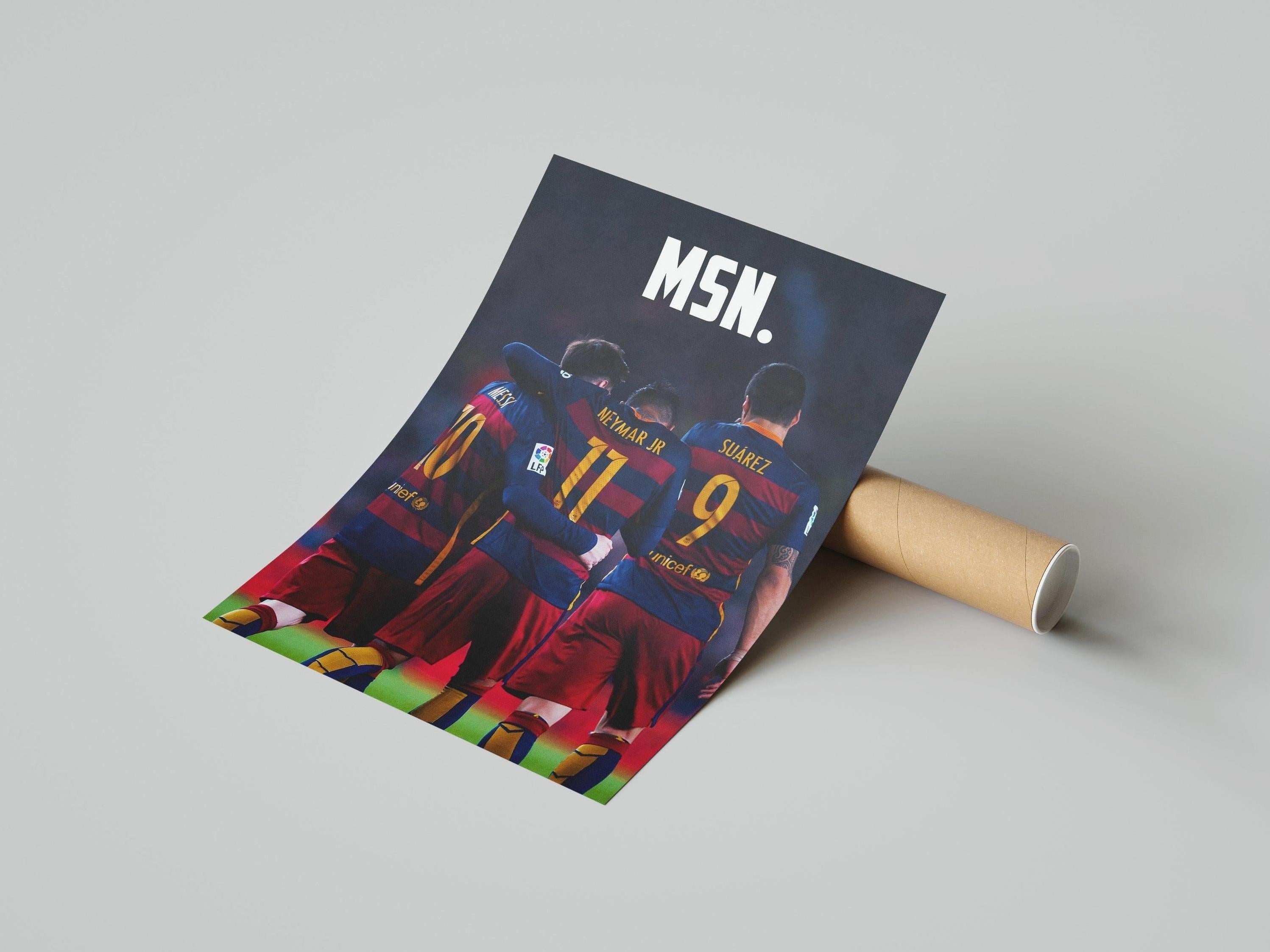 The Retro1999 Messi, Neymar, Suarez MSN Poster shows Neymar Jr 11, Messi 10, and Suarez 9 in red and blue jerseys standing together with “MSN.” at the top.