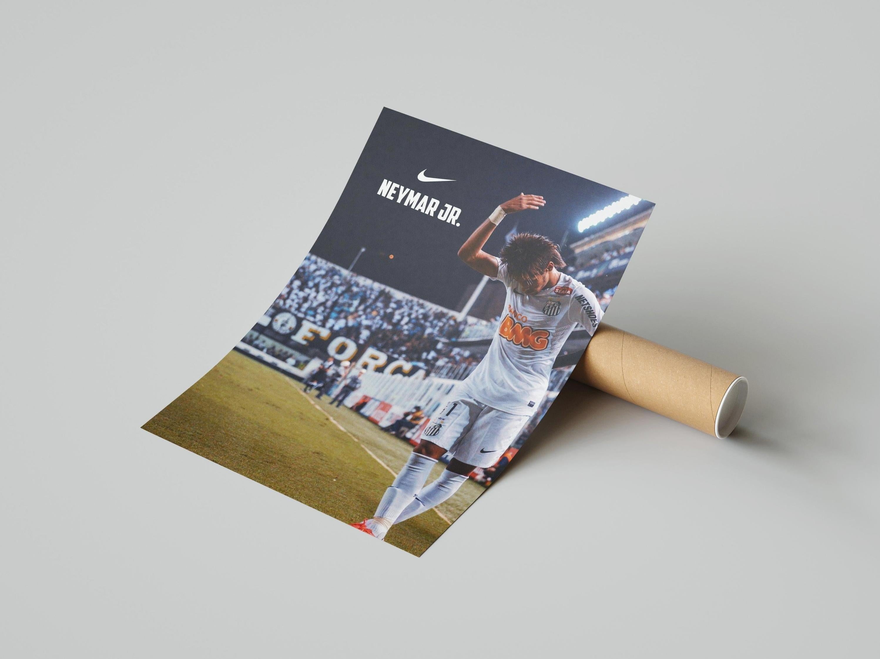 The Neymar Jr. x Santos Poster by Retro1999 features a soccer player in a white uniform celebrating at night, “Nike” and “Neymar Jr.” above him, and a cheering crowd—ideal football memorabilia for sports fans.