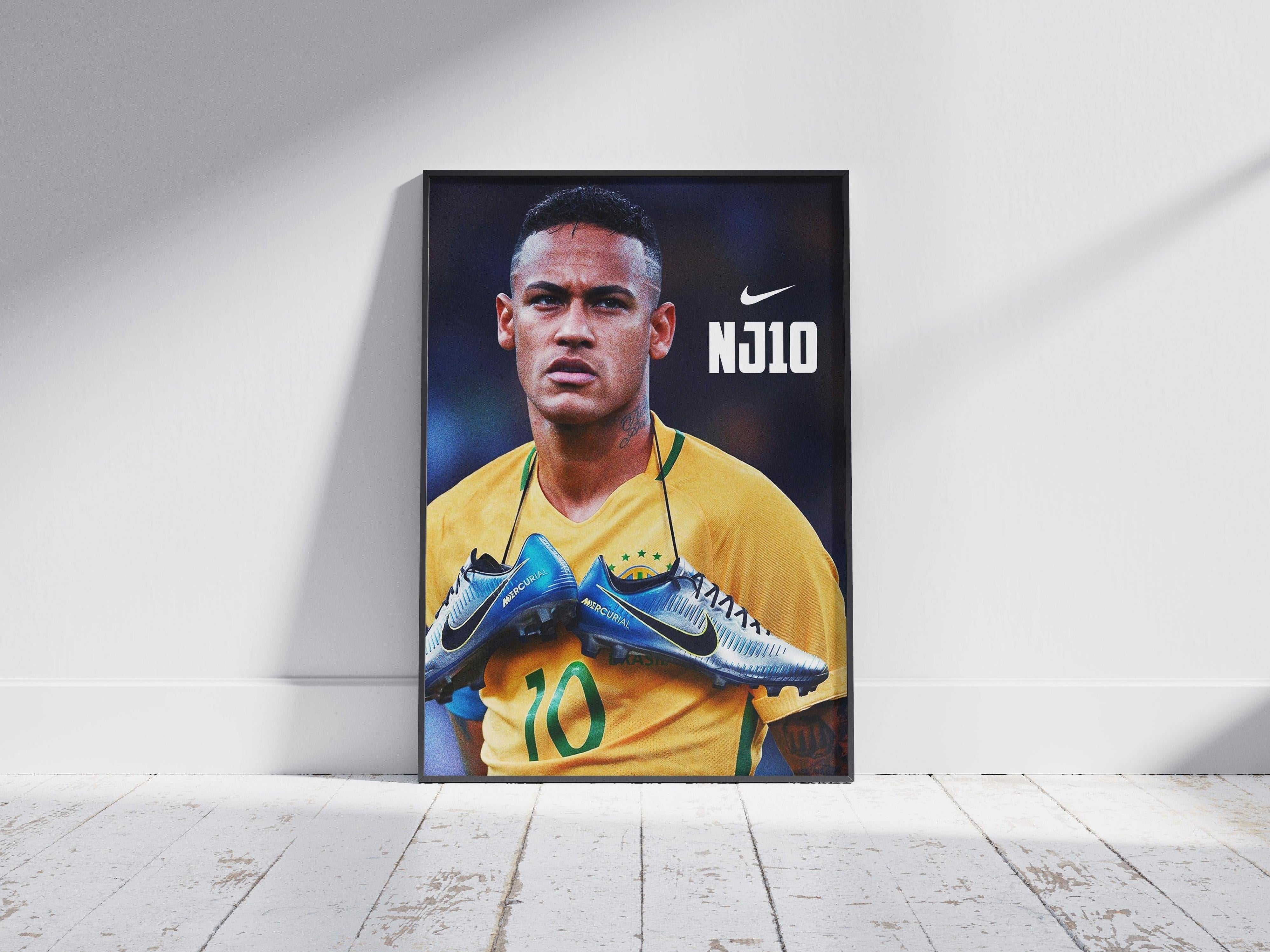 The Retro1999 Neymar NJ10 Poster features Neymar in a yellow Brazil jersey with number 10, holding Mercurial boots around his neck, alongside the Nike logo and NJ10 text.