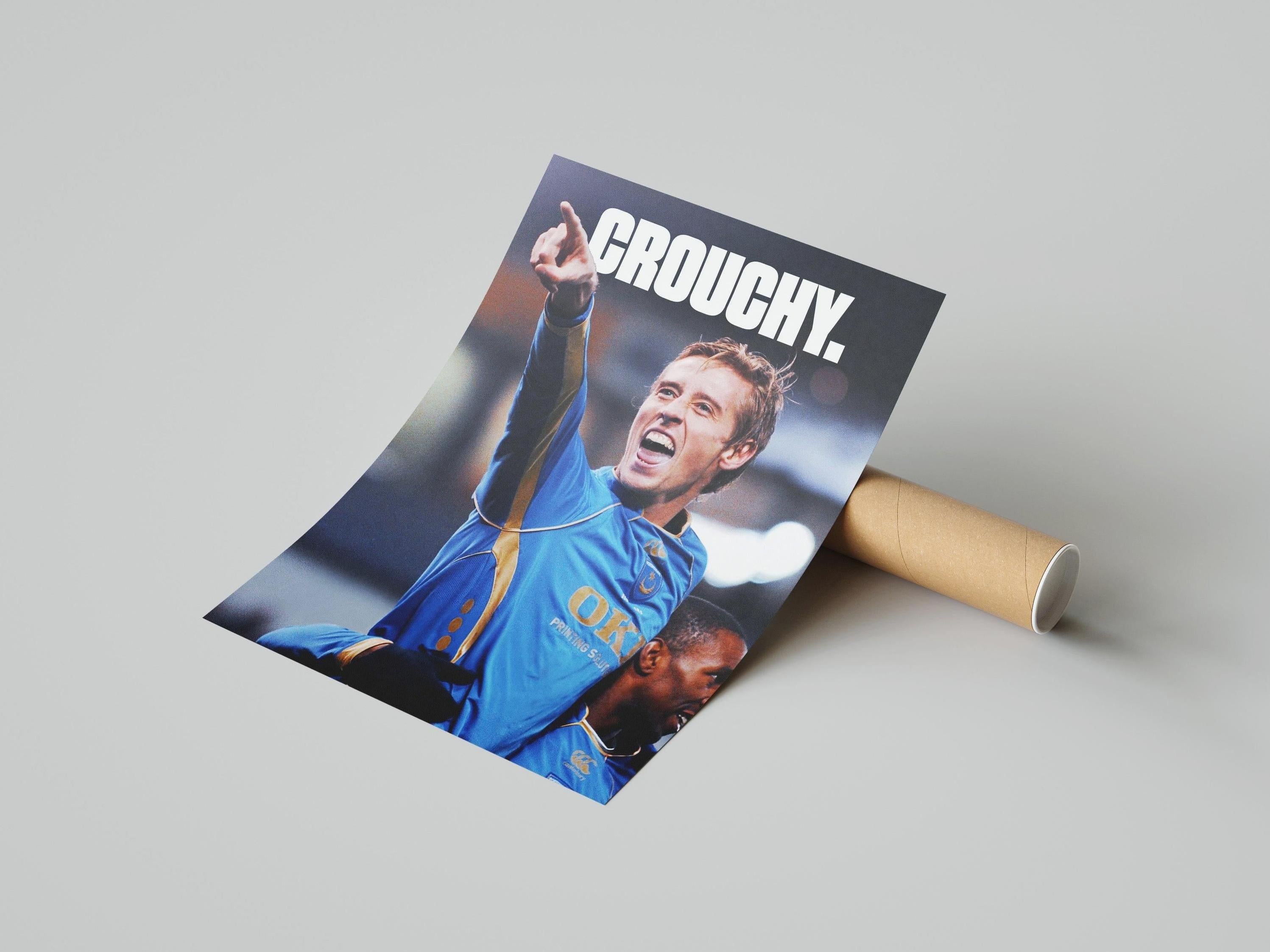 The Retro1999 Peter Crouch x Jermain Defoe Poster features a soccer star in a blue and yellow jersey with CROUCHY. in bold white letters—perfect for English Premier League fans and football nostalgia collectors.