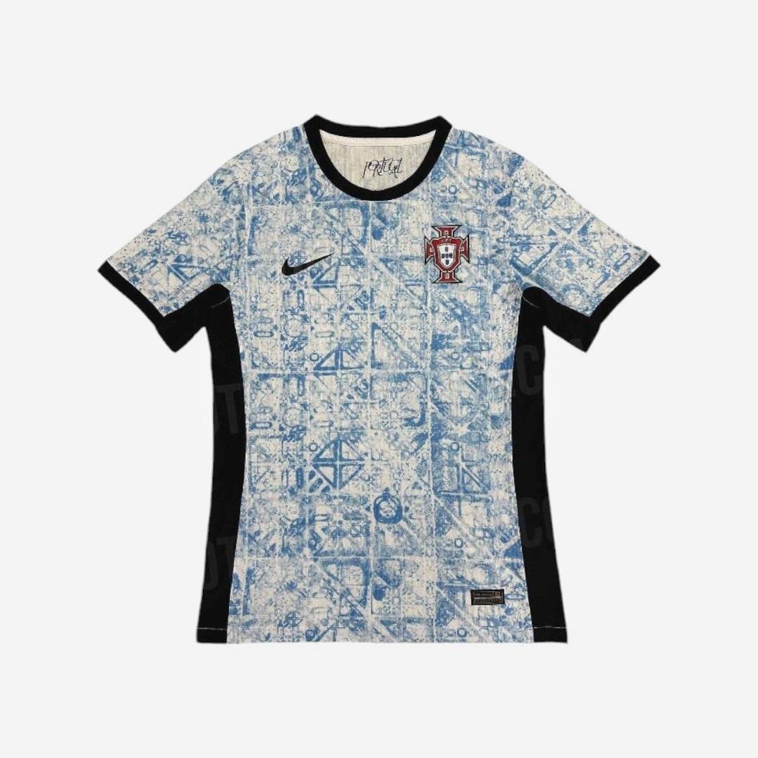 The Retro1999 Portugal 2024 Away Shirt features short sleeves, a light blue and white abstract design, black side panels, a black Nike logo on the chest, and the Portugal crest on the left—delivering classic retro style.