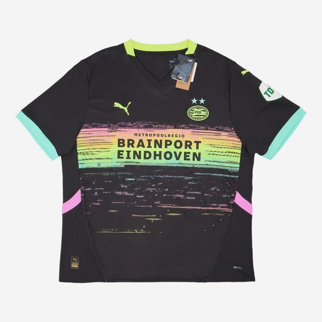 The Retro1999 PSV 2024-25 Away Shirt features black with neon accents, a multicolored brushstroke chest pattern, and yellow Brainport Eindhoven sponsor—ideal for soccer fans who love a modern retro kit style.
