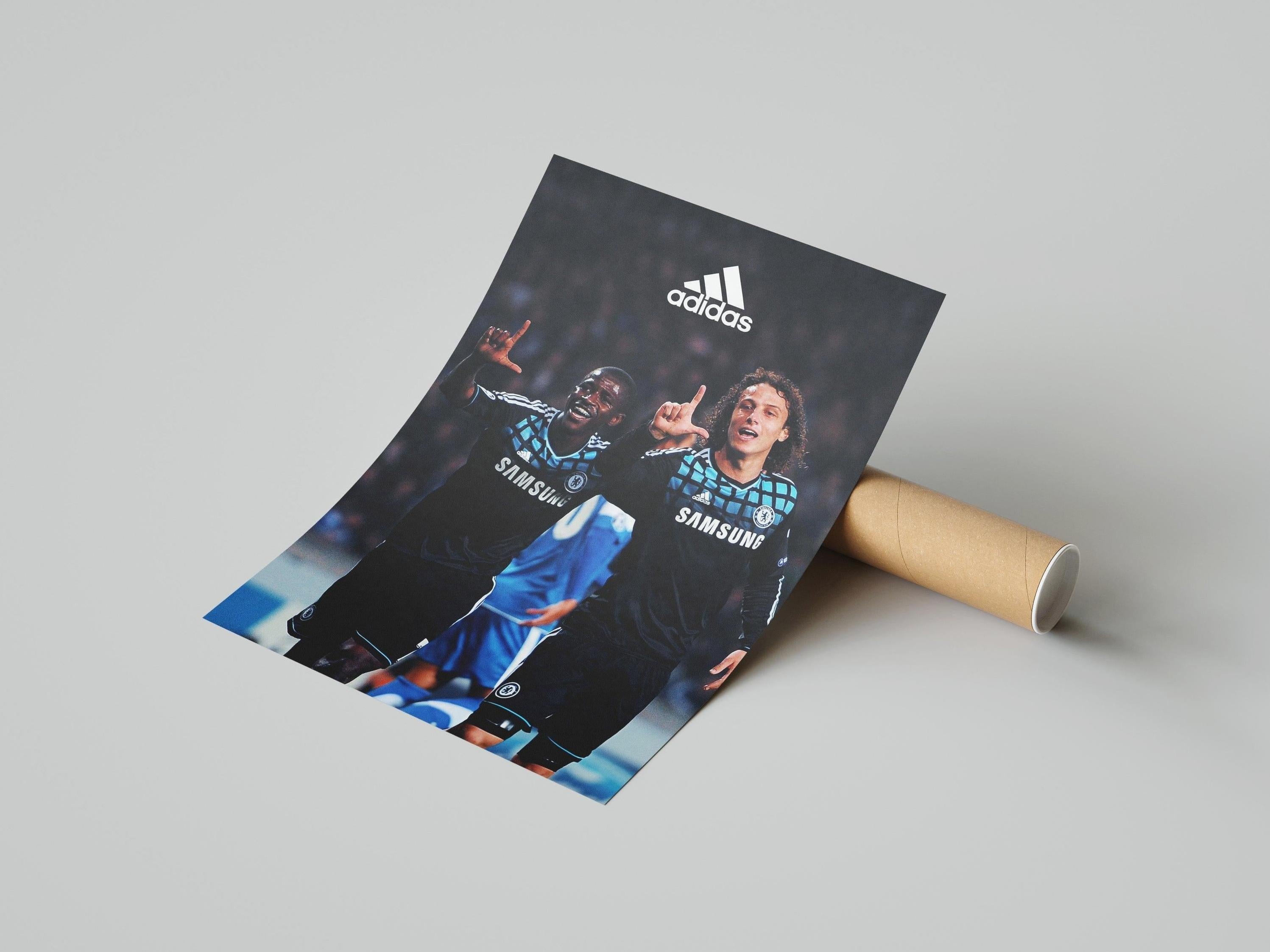 The Ramires x David Luiz Poster by Retro1999 shows both stars in black Adidas jerseys celebrating on the field—an ideal nostalgic piece for UEFA Champions League fans.