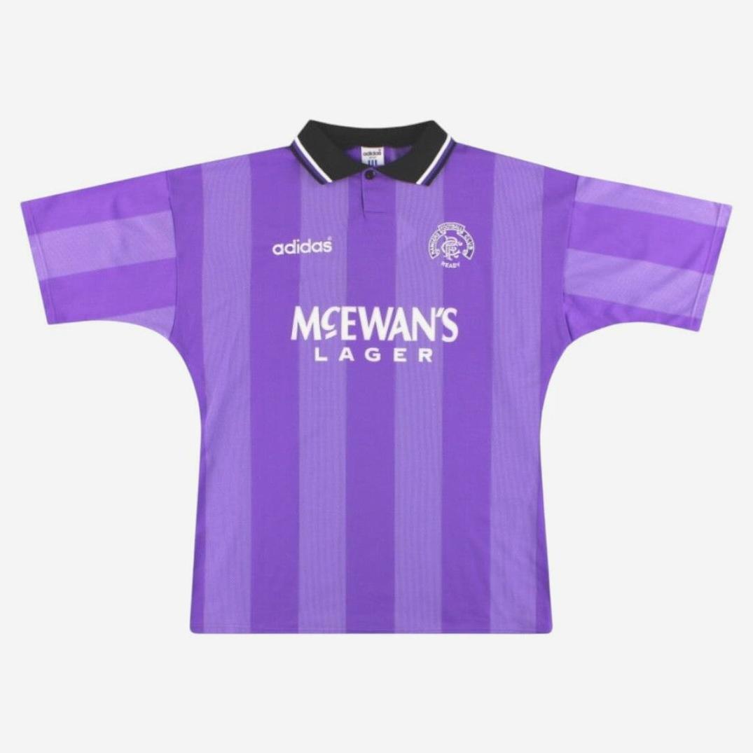 The Retro1999 Rangers F.C. 1994-95 Third Shirt features purple stripes, a black collar with white trim, McEwans Lager sponsor, Adidas logo on the right chest, and the club crest on the left.