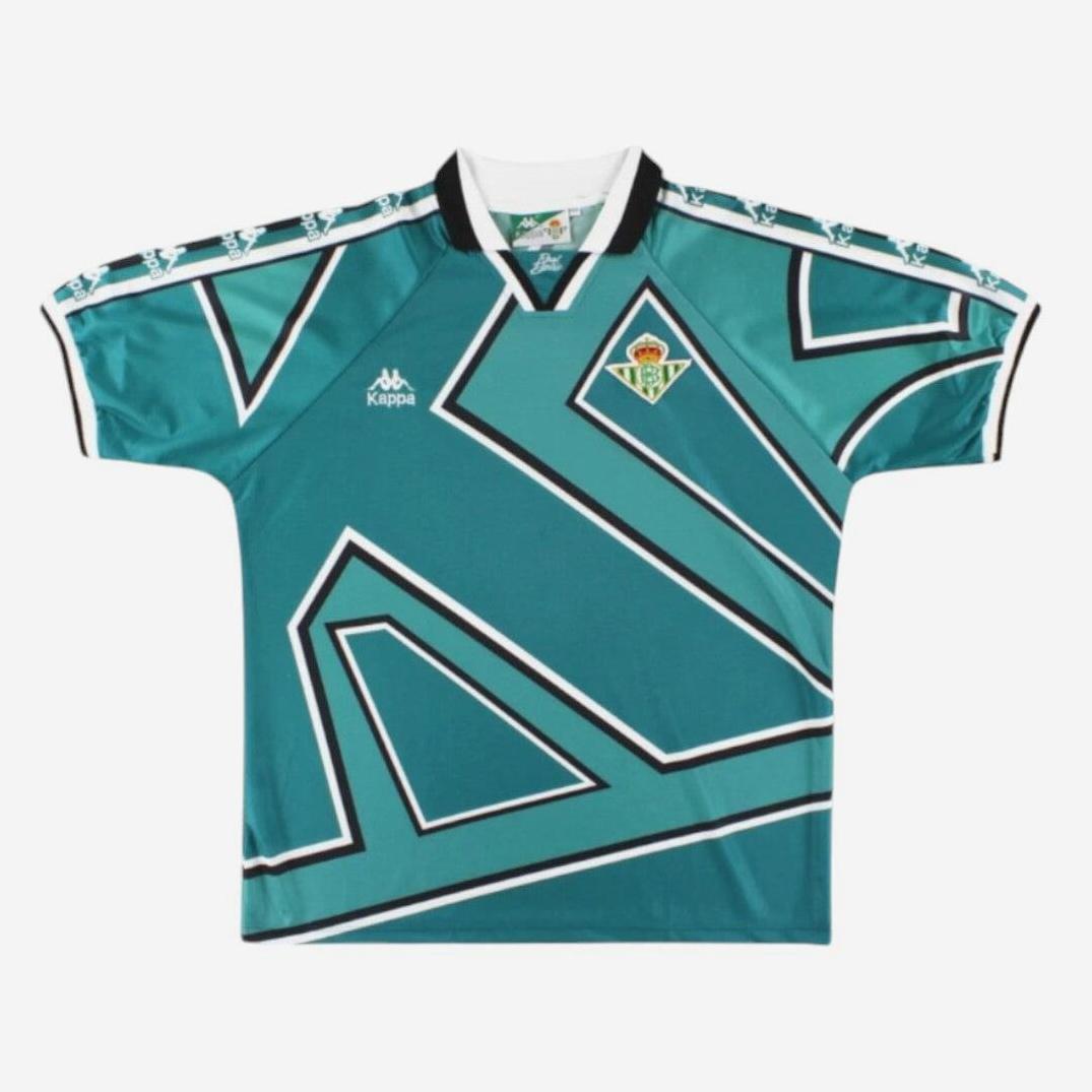 The Retro1999 Real Betis 1995-7 Away Shirt features bold teal, white, and black geometric patterns, Kappa logos on the shoulders, and the club crest—ideal for celebrating classic La Liga moments and UEFA Cup runs.