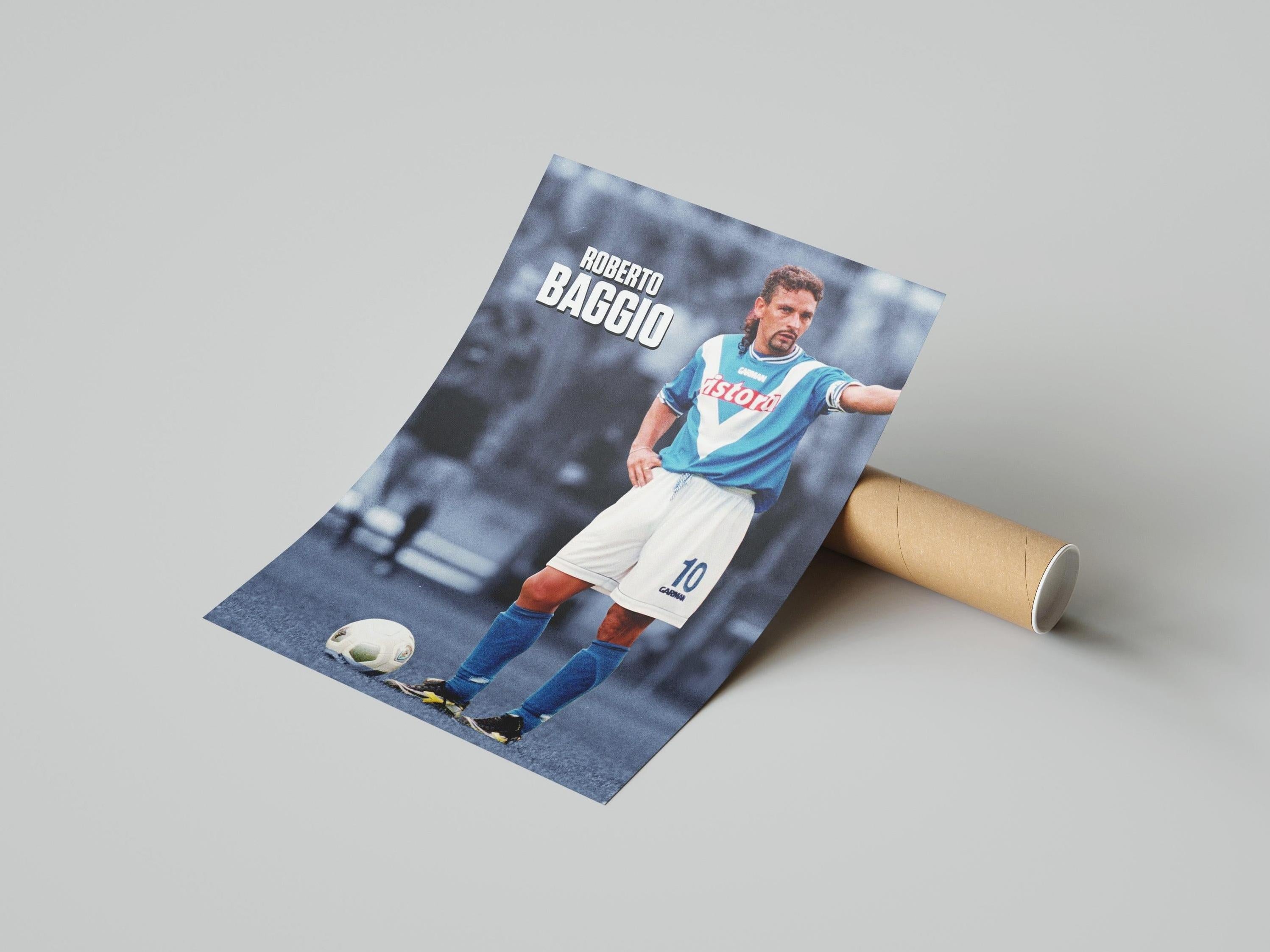 The Retro1999 Roberto Baggio x Brescia Poster shows Baggio in a blue and white kit on the pitch with a ball, his name in bold at the top—a tribute to football history. Ships rolled for safe delivery.