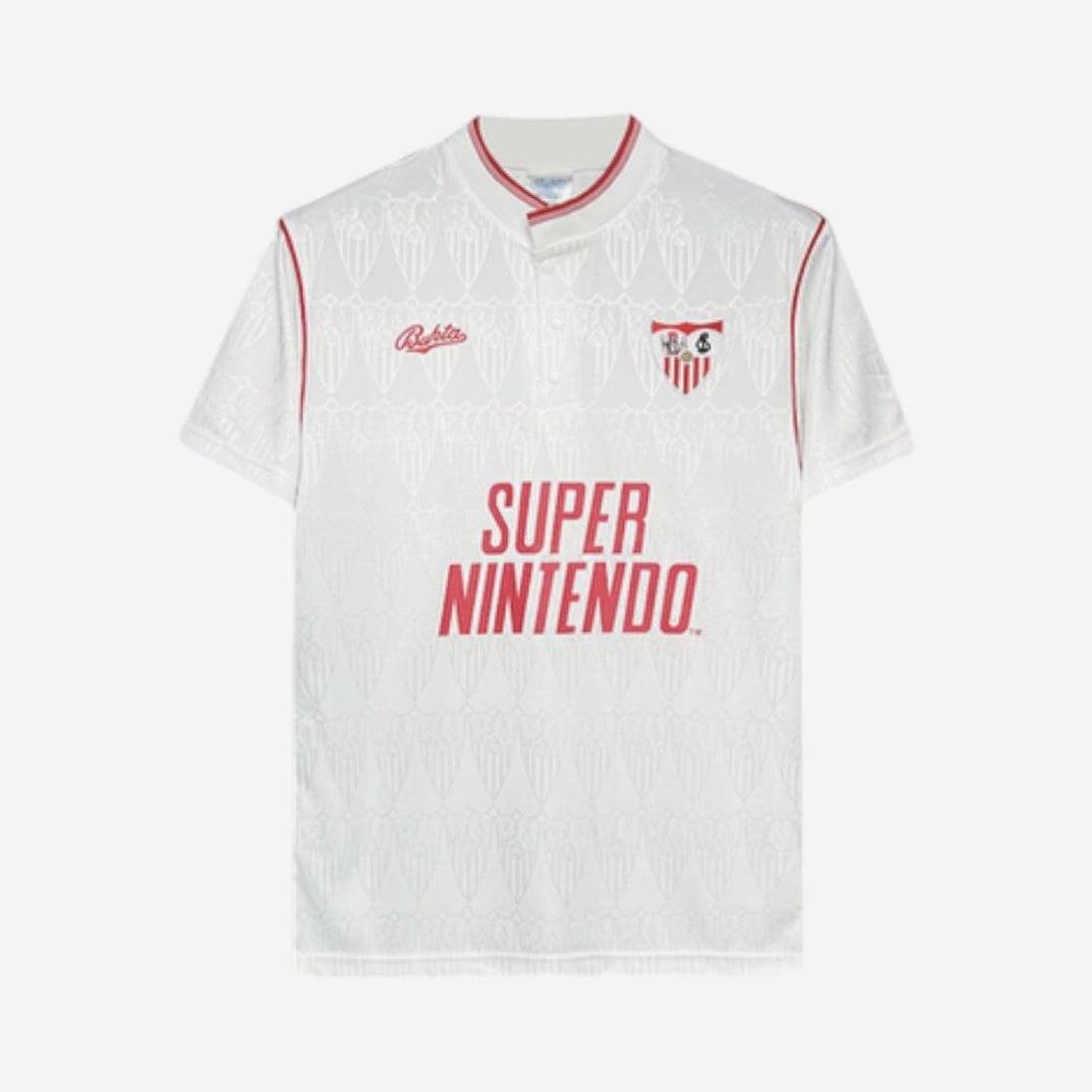 The Retro1999 Sevilla 1991-92 Home Shirt recreates a classic La Liga look: a white jersey with red trim, Sevilla FC crest, bold red “Super Nintendo” logo, and woven trophy pattern—perfect for fans of vintage soccer style.