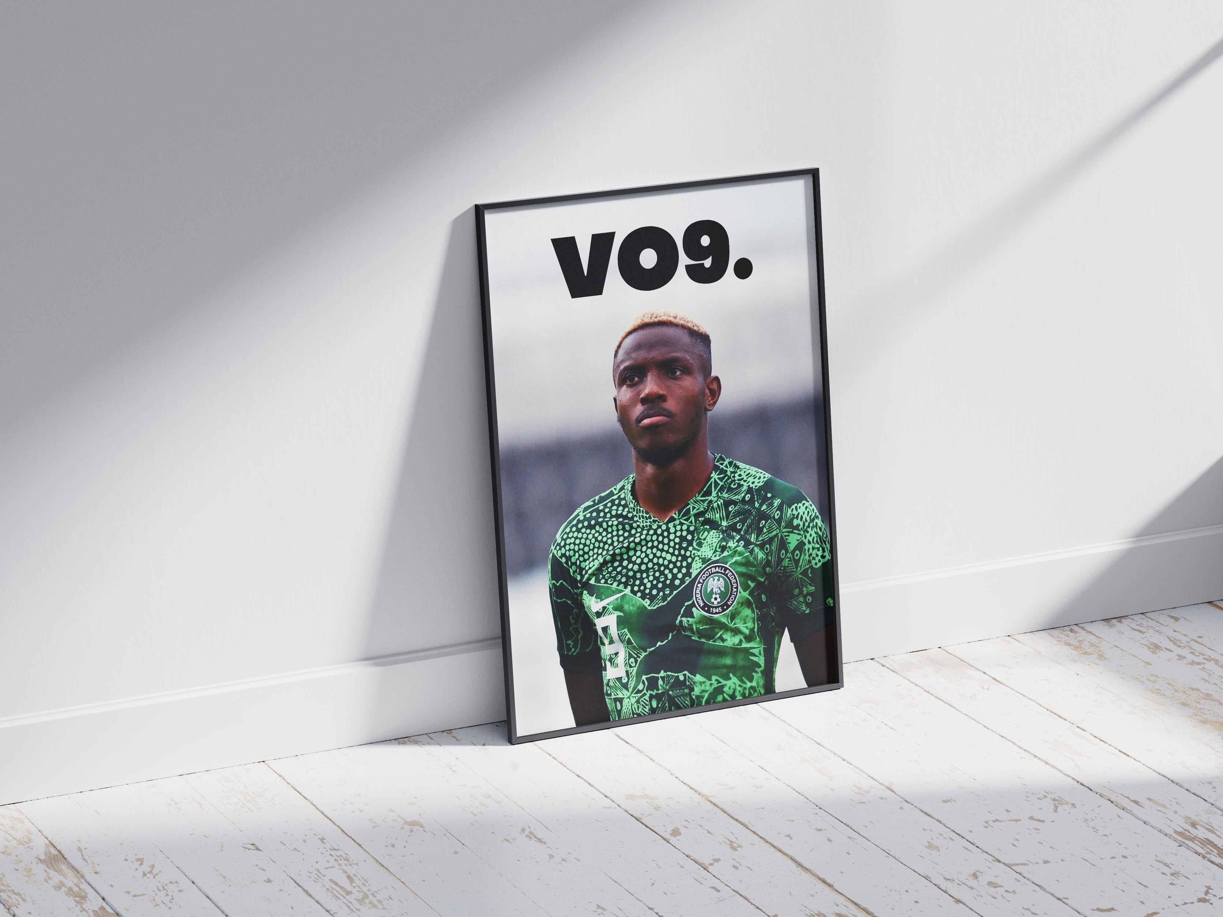 The Victor Osimhen VO9 Poster by Retro1999 features him in a green patterned jersey with bold VO9 above, framed on a white wooden floor with sunlight and shadows—ideal sports décor for fans.