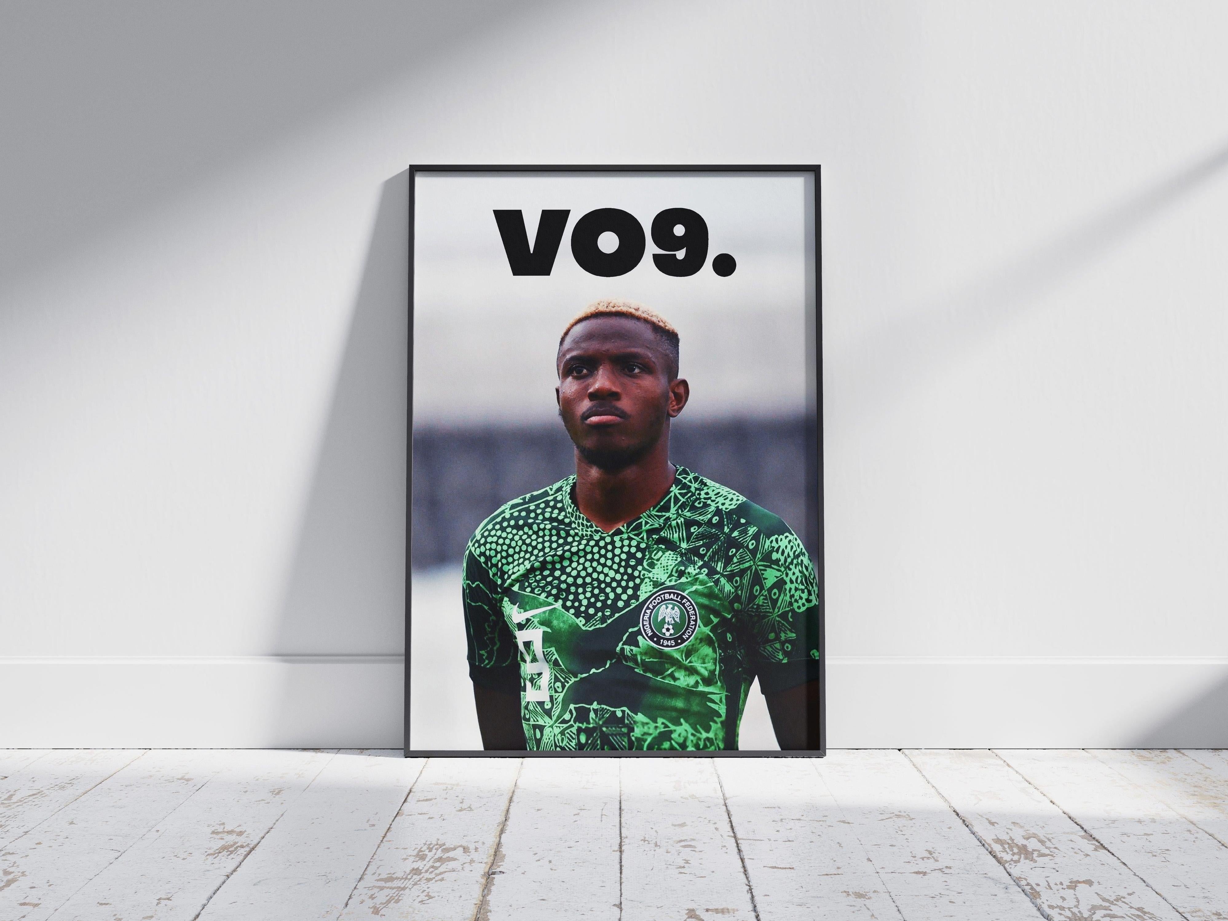The Victor Osimhen VO9 Poster by Retro1999 features him in a green Nigeria jersey with bold VO9 above, framed against a white floor and wall. Sunlight shadows enhance its appeal—perfect décor for any sports enthusiast.