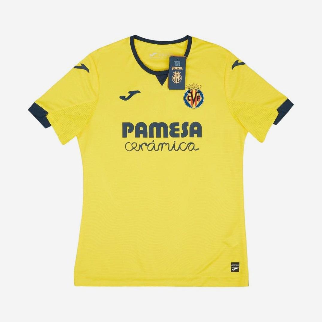 The Villarreal CF 2024-25 Home Shirt by Retro1999 is yellow with navy details, displaying the club crest, Joma logo, and Pamesa cerámica sponsor on the front. The La Liga jersey is shown laid flat on a white background.