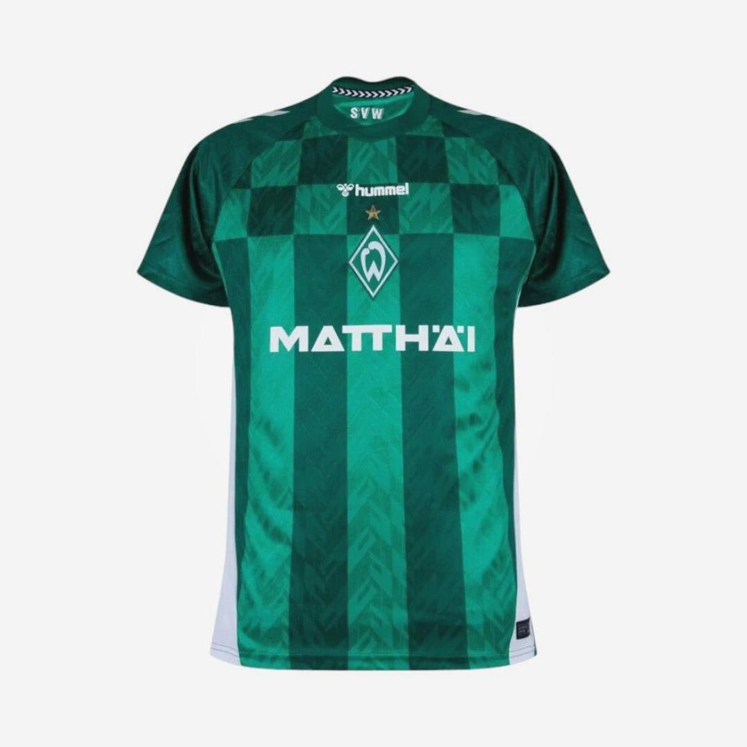 The Werder Bremen 2024-25 Home Shirt by Retro1999 features green and dark green stripes, a crest with a W in a diamond, the hummel logo, MATTHÄI print, and SVW initials on the collar for classic Bundesliga style.