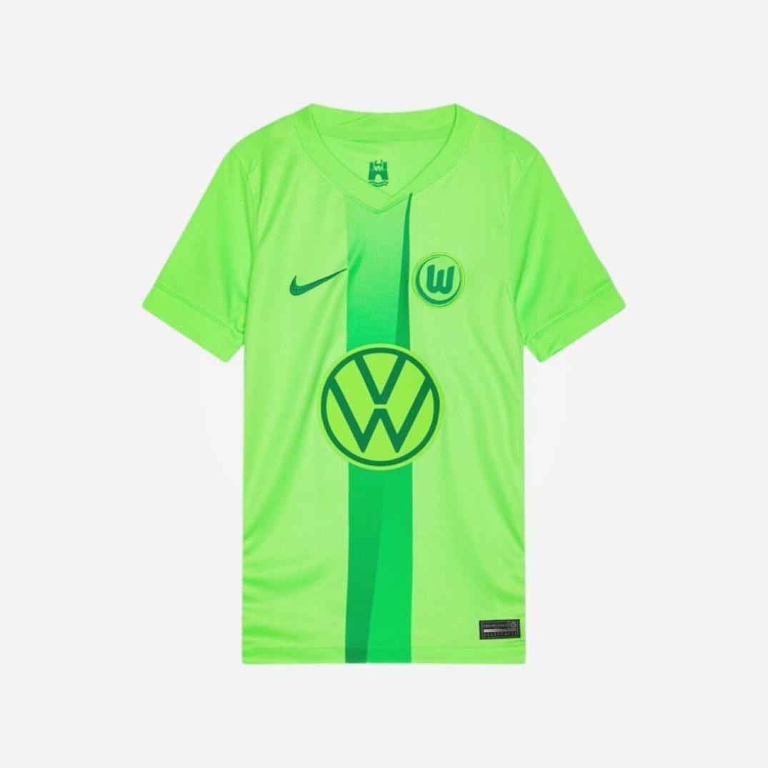 The Wolfsburg 2024-25 Home Shirt by Retro1999 is bright green with short sleeves, a vertical darker green stripe, and features the VfL Wolfsburg crest and Volkswagen logo—ideal for any Bundesliga fan.