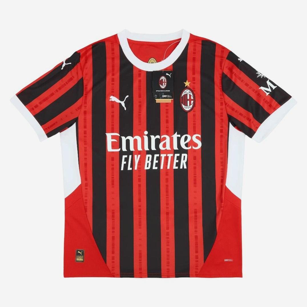 The AC Milan 2024-25 Home Shirt by Retro1999 features classic red and black stripes, white trim, an Emirates Fly Better sponsor, Puma logo, and a club crest with gold star, styled in retro fashion and laid flat on a white background.