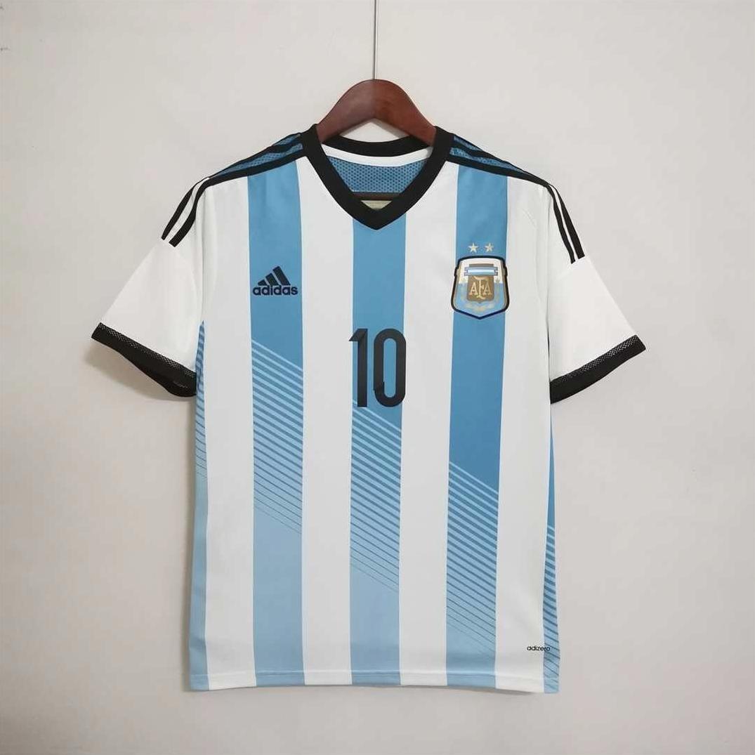 The Retro1999 Argentina 2014 Home Shirt features light blue and white stripes, black collar and sleeve trim, number 10, two-star team crest, and Adidas logo—displayed on a wooden hanger against a white background.