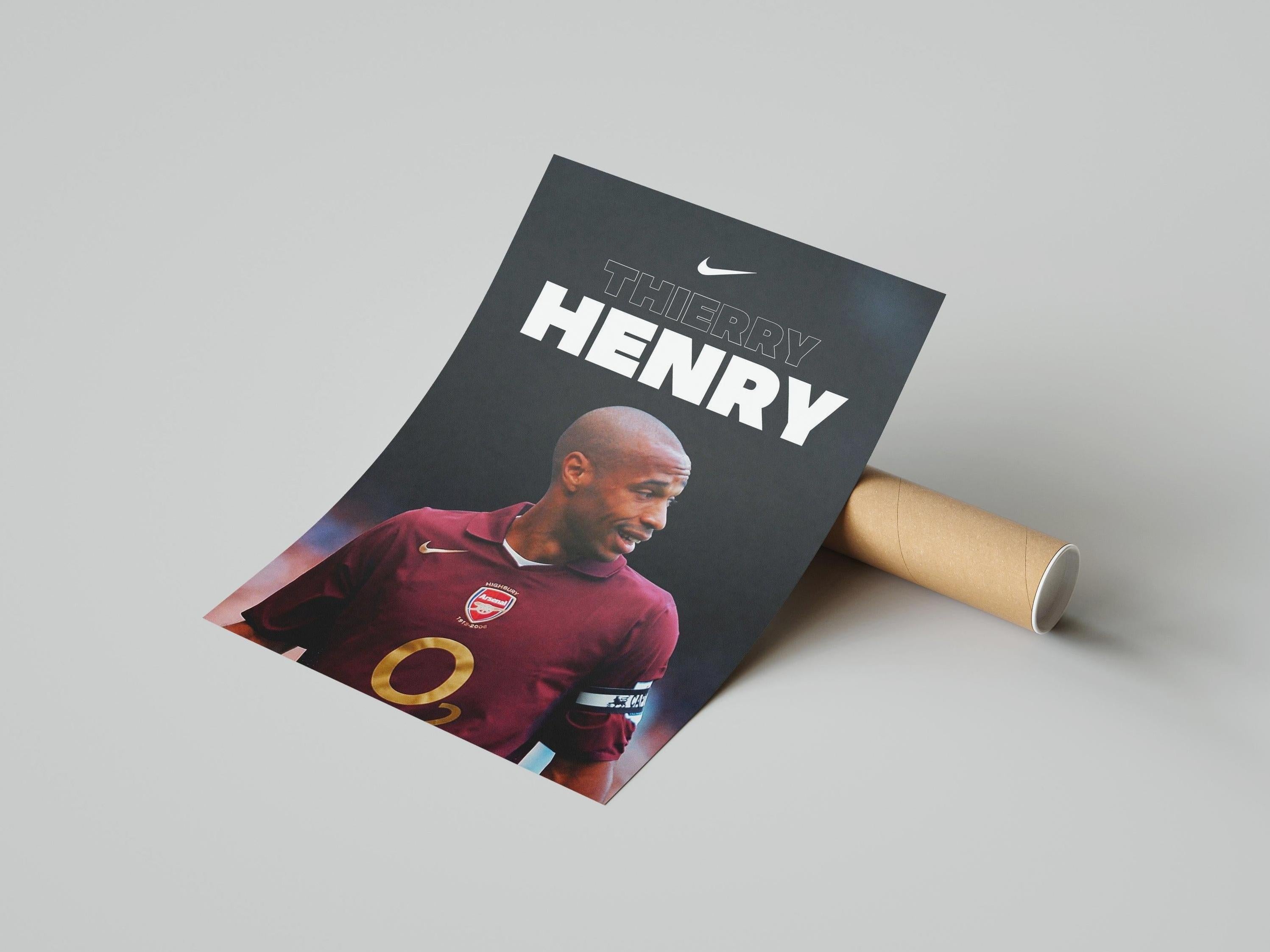 The Retro1999 Arsenal Captain Thierry Henry Poster shows the football legend in a maroon Arsenal jersey, his name in bold white letters above—a must-have tribute for Arsenal fans and collectors of football history.