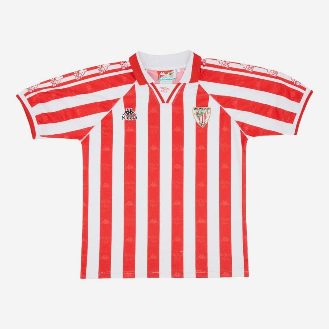The Retro1999 Athletic Bilbao 1995-97 Home Shirt features red and white stripes, short sleeves, Kappa logos on the shoulders and chest, a club crest on the left chest, and a red collar with white accents—ideal for football fans.