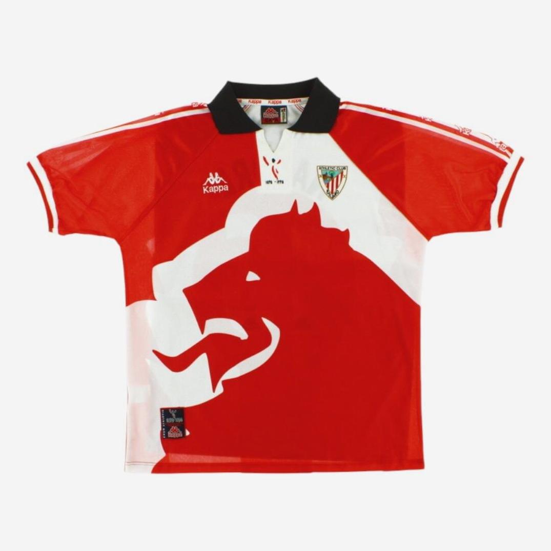 The Retro1999 Athletic Bilbao 1997-98 Home Shirt features classic red and white stripes, a bold red bull graphic, Kappa logo, team crest on the left chest, and a black collar—ideal for football fans seeking vintage style.