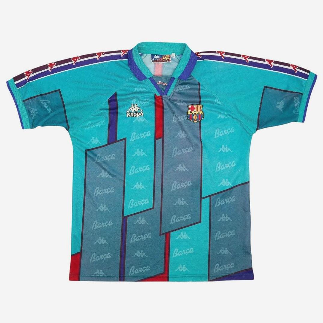 The Retro1999 Barcelona 1995-97 Away Shirt features vintage teal fabric, geometric patterns, Kappa logos, club crest on the chest, and blue collar and cuffs with red-and-white details—a classic retro kit for football fans.