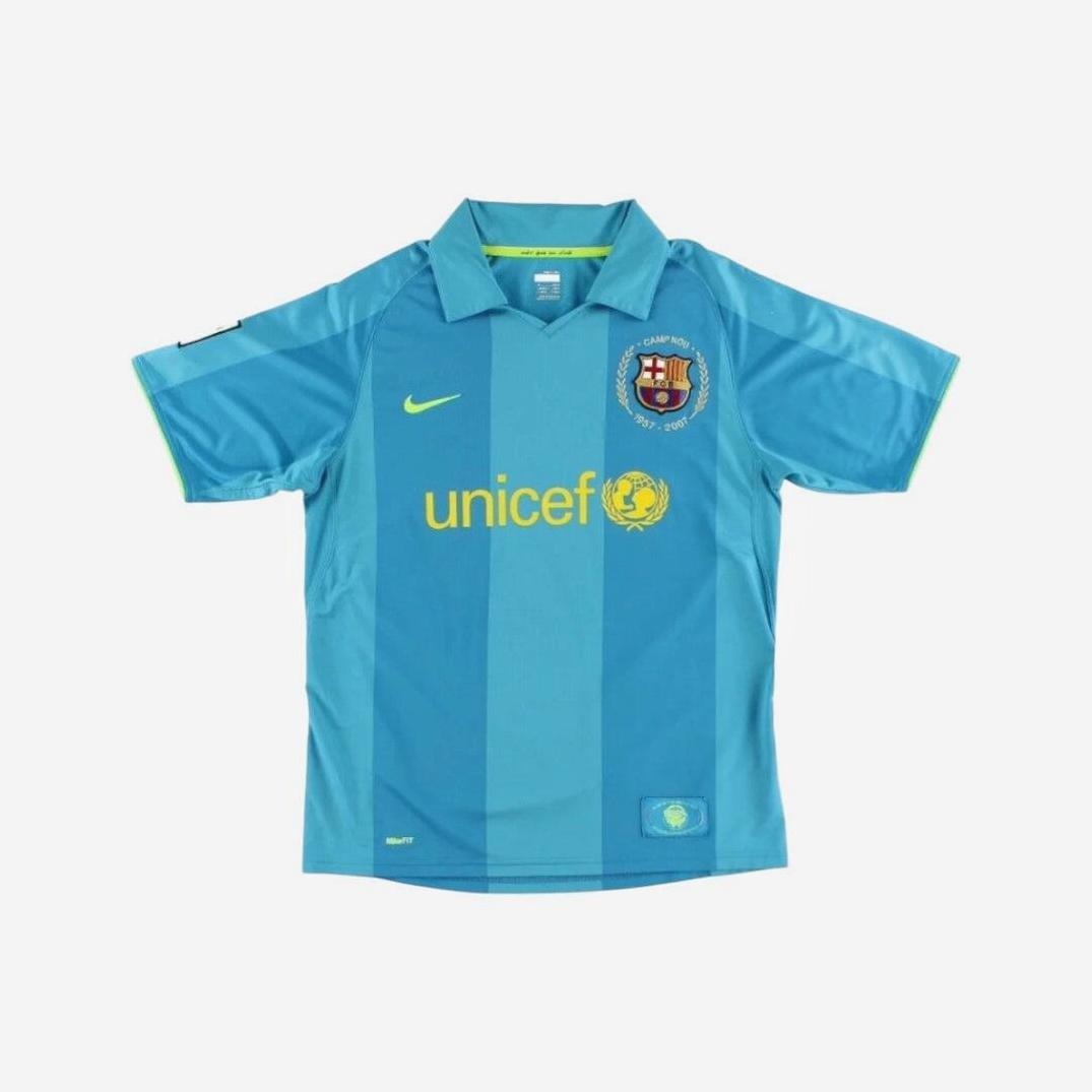 The Retro1999 Barcelona 2007-08 Away Shirt features turquoise and teal stripes, the club crest, yellow Nike and UNICEF logos on the chest—a classic retro kit for football fans, displayed flat on a white background.