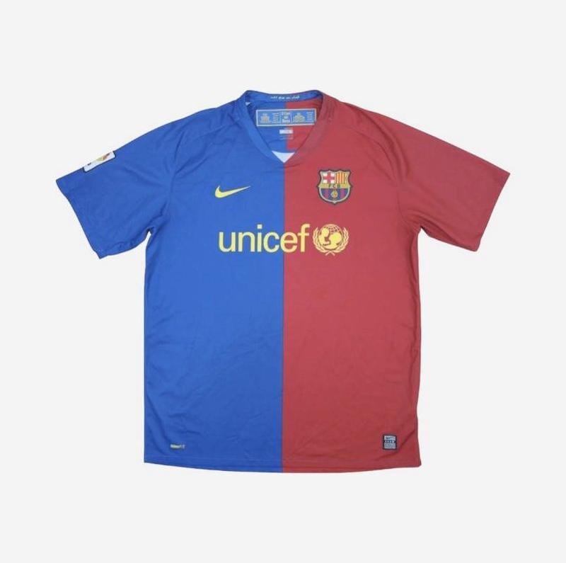 The Barcelona 2008-09 Home Shirt by Retro1999 features iconic half blue/half red design with Nike logo, club crest, and unicef sponsor—making it a true piece of football history.