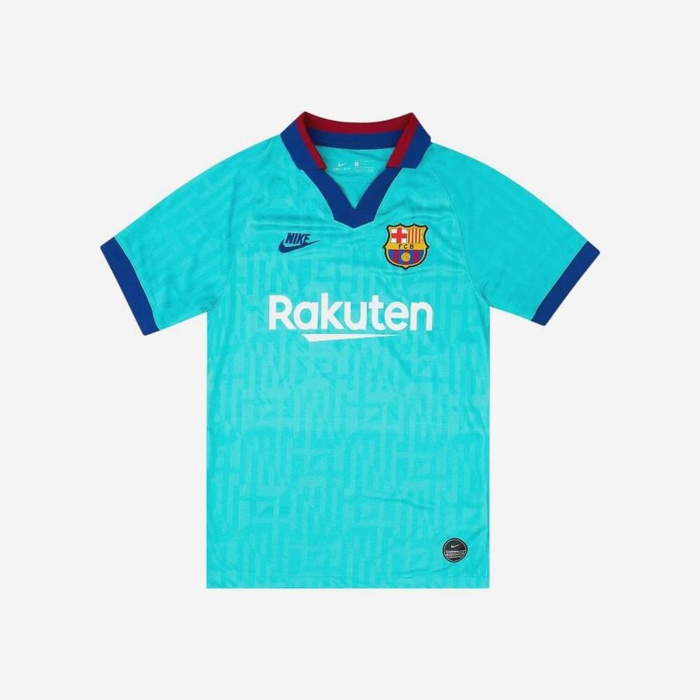 The Retro1999 Barcelona 2019-20 Third Shirt is turquoise with blue sleeve cuffs, a maroon and blue collar, club crest, Nike logo, and Rakuten sponsor—crafted from quality material for an authentic retro look.