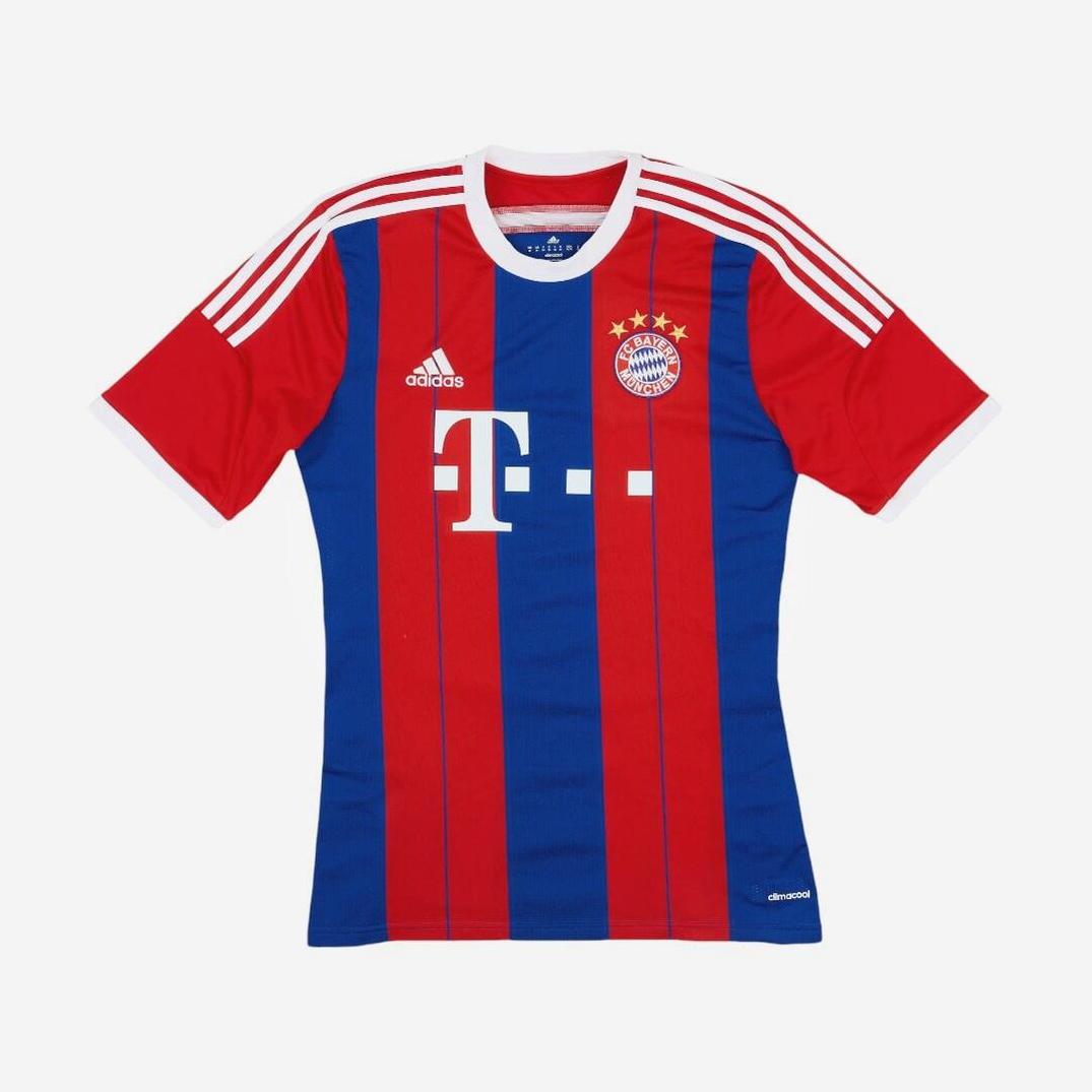 The Bayern Munich 2014-15 Home Shirt by Retro1999 features red and blue vertical stripes, white Adidas accents, club crest, and Telekom sponsor—ideal for Bundesliga fans wanting a classic look.