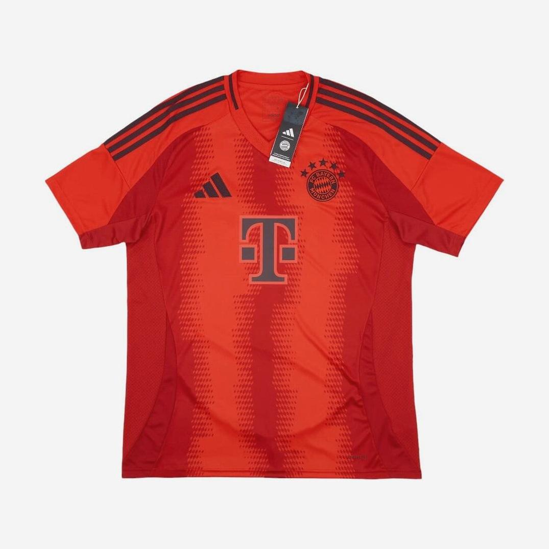The Bayern Munich 2024-25 Home Shirt by Retro1999 features classic red design with black Adidas stripes, club crest and five stars, Adidas logo, Telekom sponsor, and original tags—a must-have Bundesliga jersey for fans.